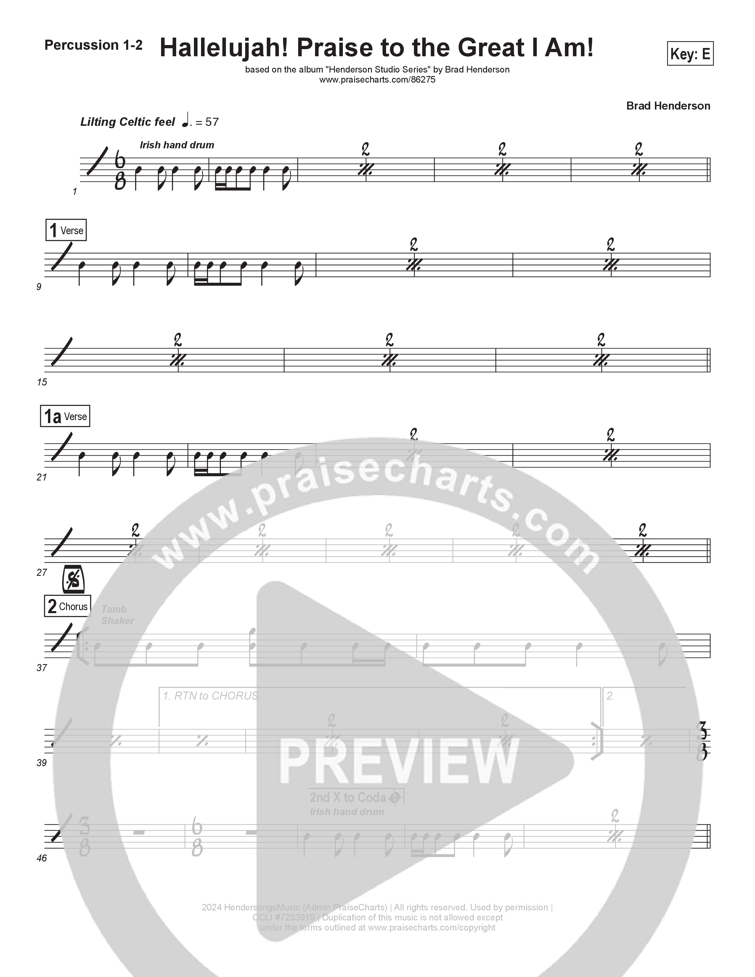 Hallelujah Praise To The Great I Am (Choral Anthem SATB) Percussion 1/2 (Brad Henderson)