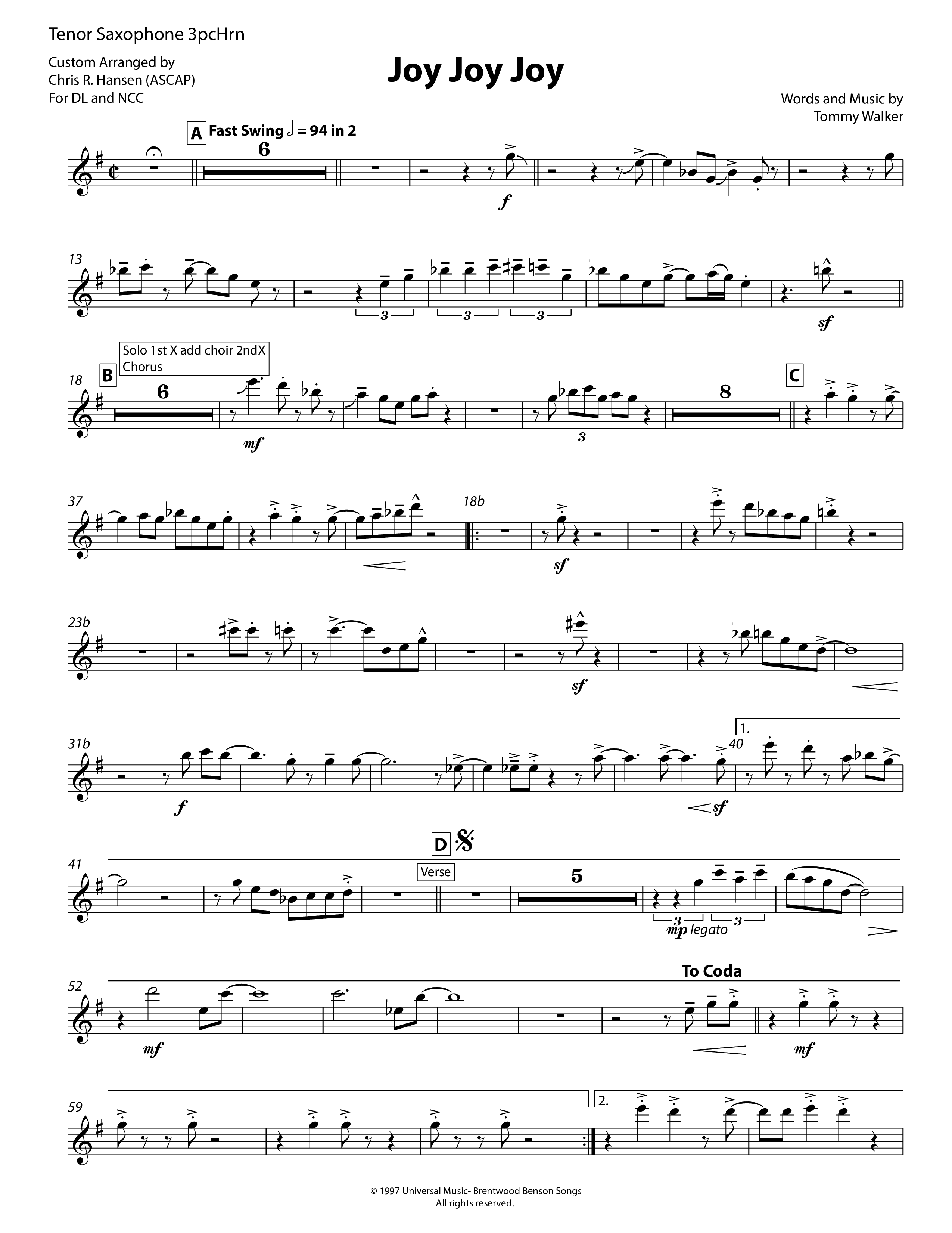 Joy Joy Joy (3 Piece Brass) Tenor Sax/Baritone T.C. (Chris Hansen)