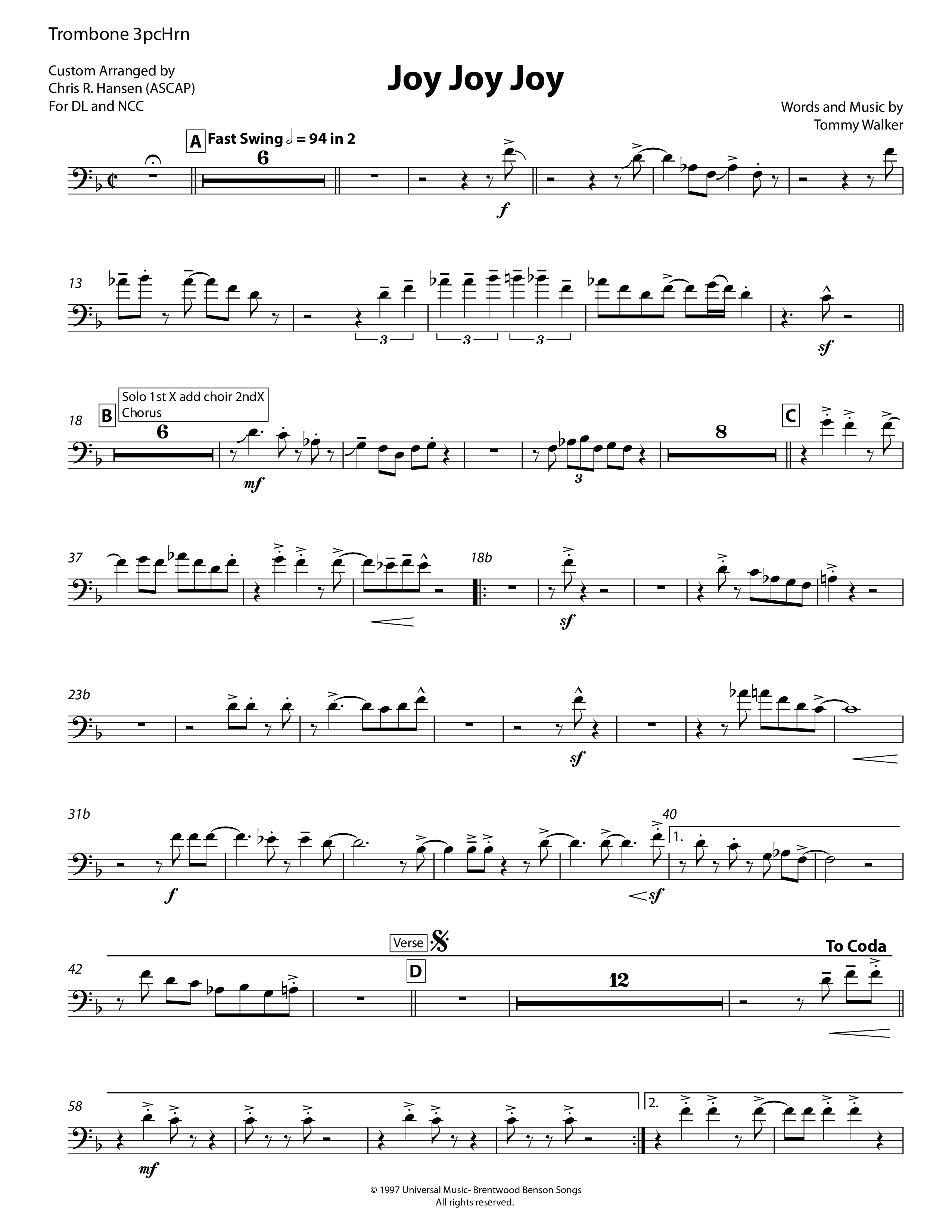 Joy Joy Joy (3 Piece Brass) Trombone (Chris Hansen)