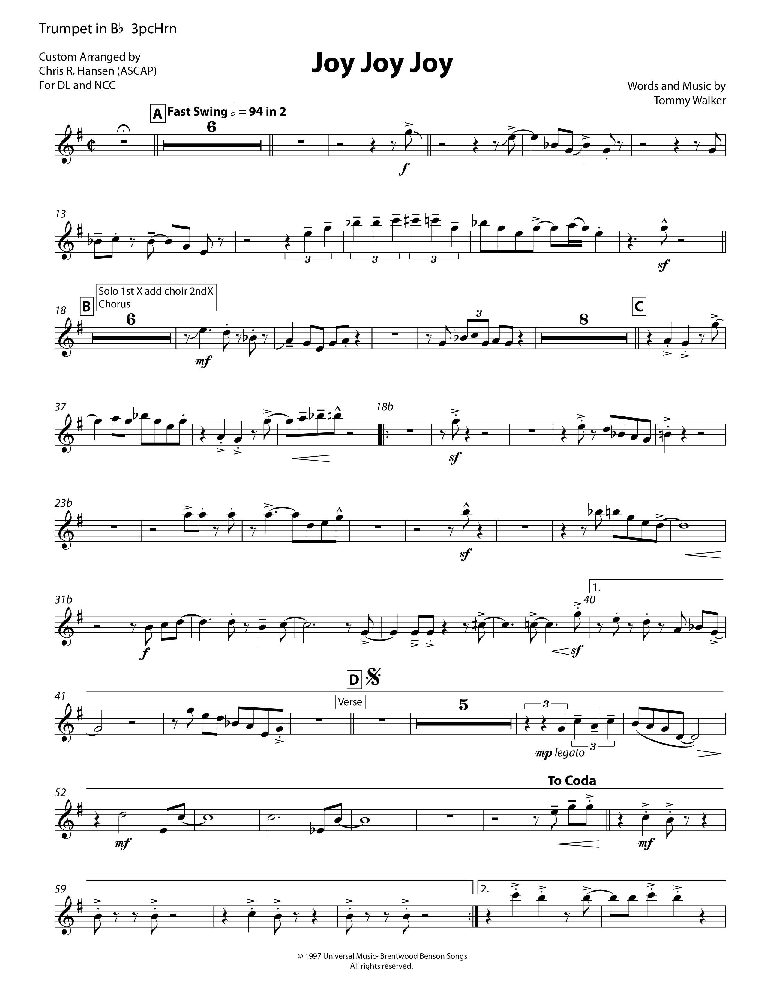 Joy Joy Joy (3 Piece Brass) Trumpet (Chris Hansen)