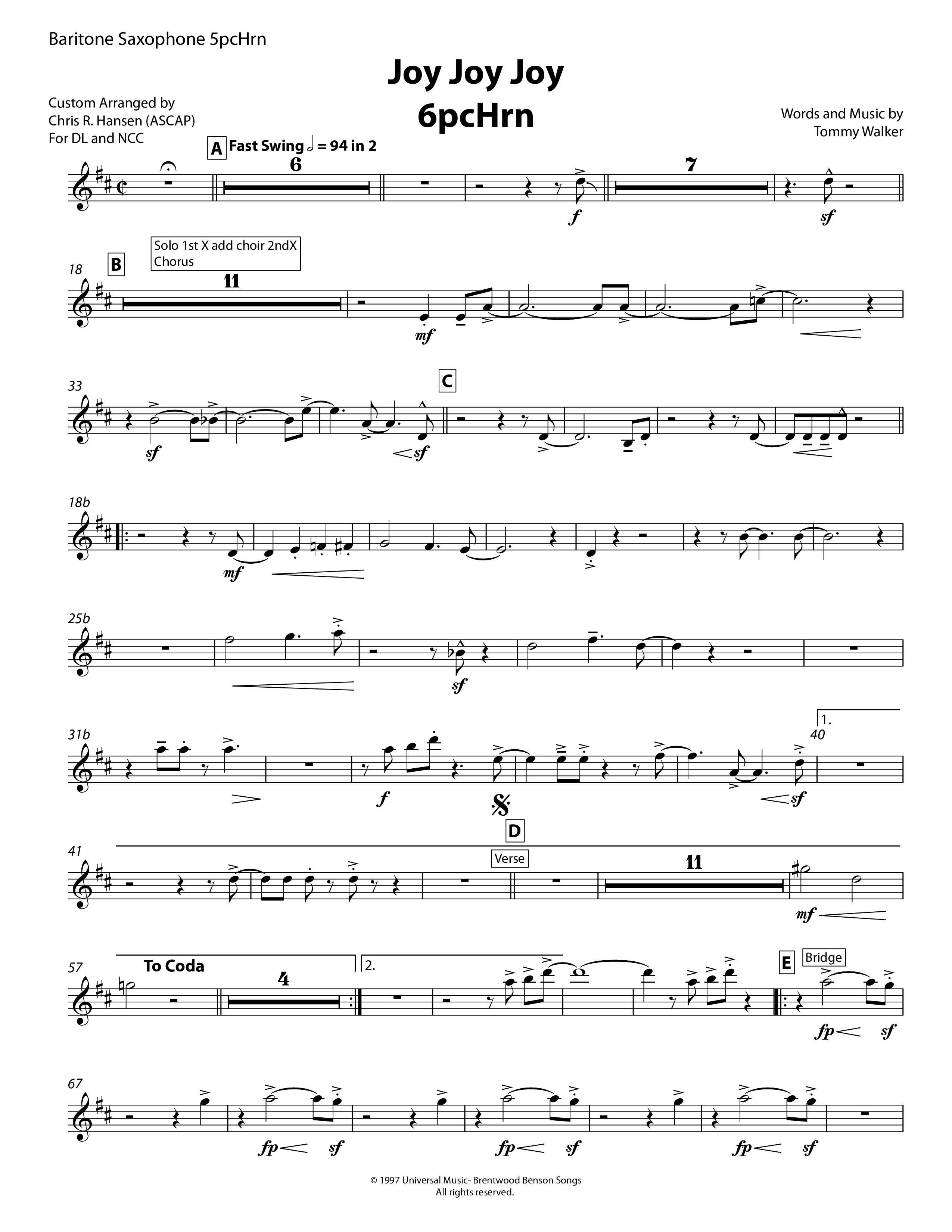 Joy Joy Joy (5 Piece Brass) Bari Sax (Chris Hansen)