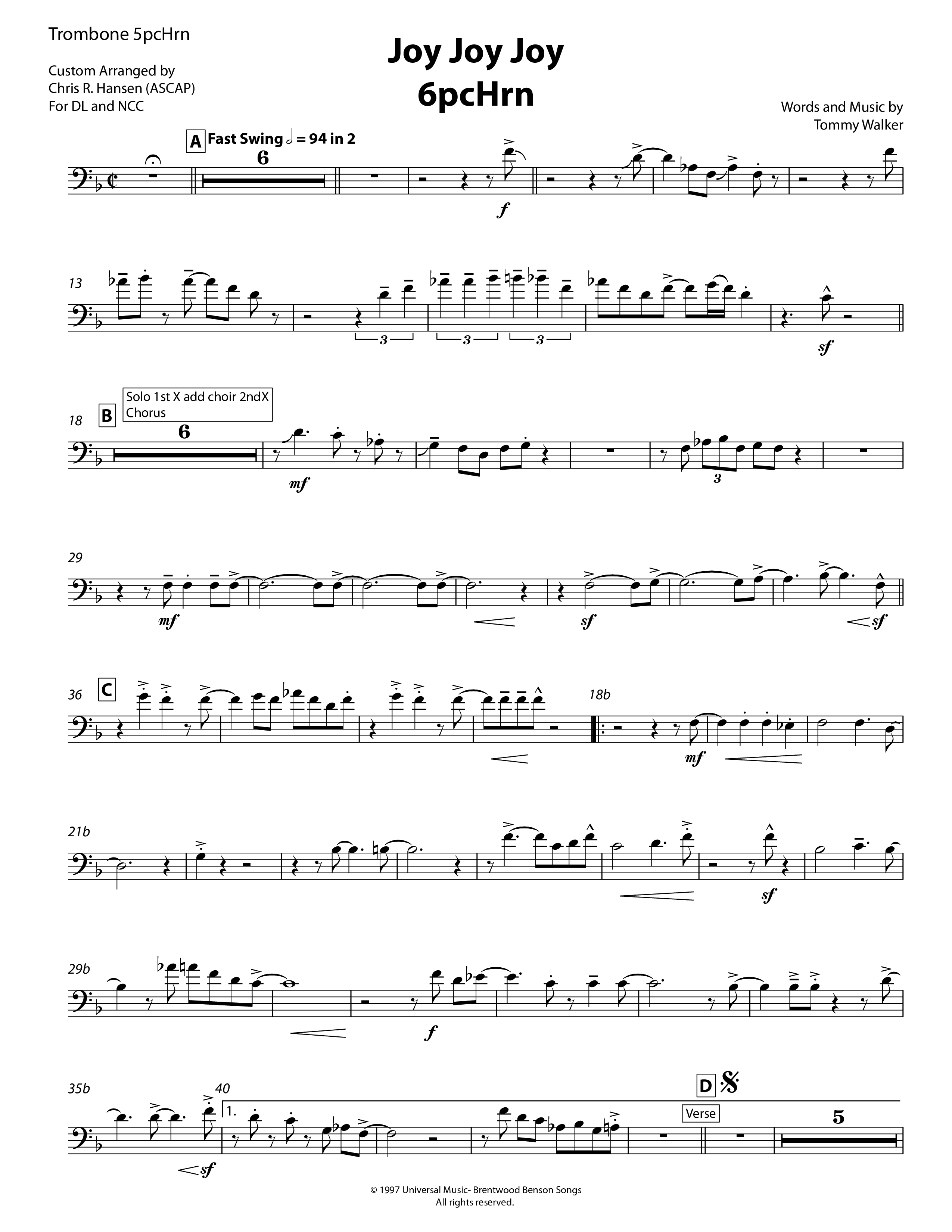 Joy Joy Joy (5 Piece Brass) Trombone (Chris Hansen)