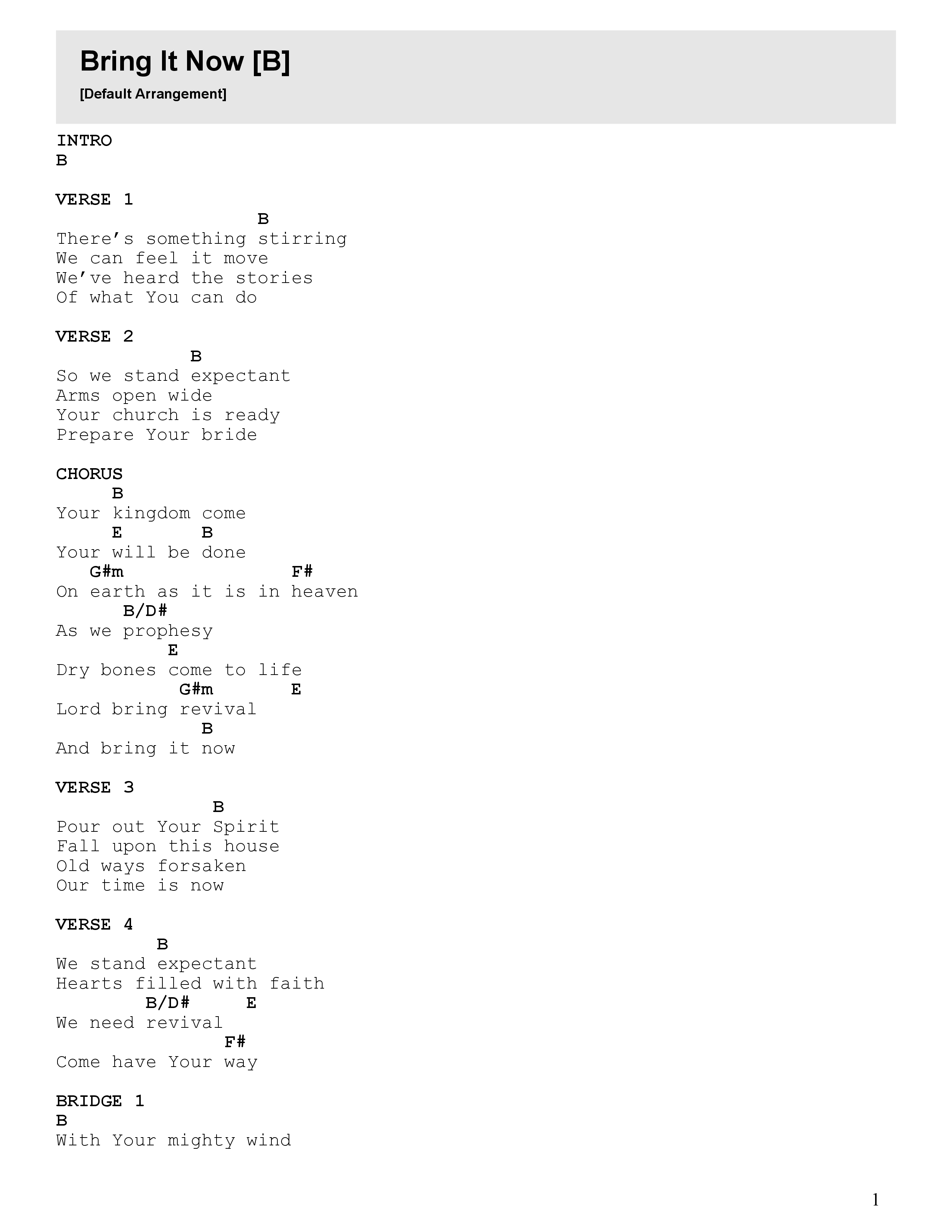 Bring It Now (Live) Chord Chart (Southland / Elevation Youth)