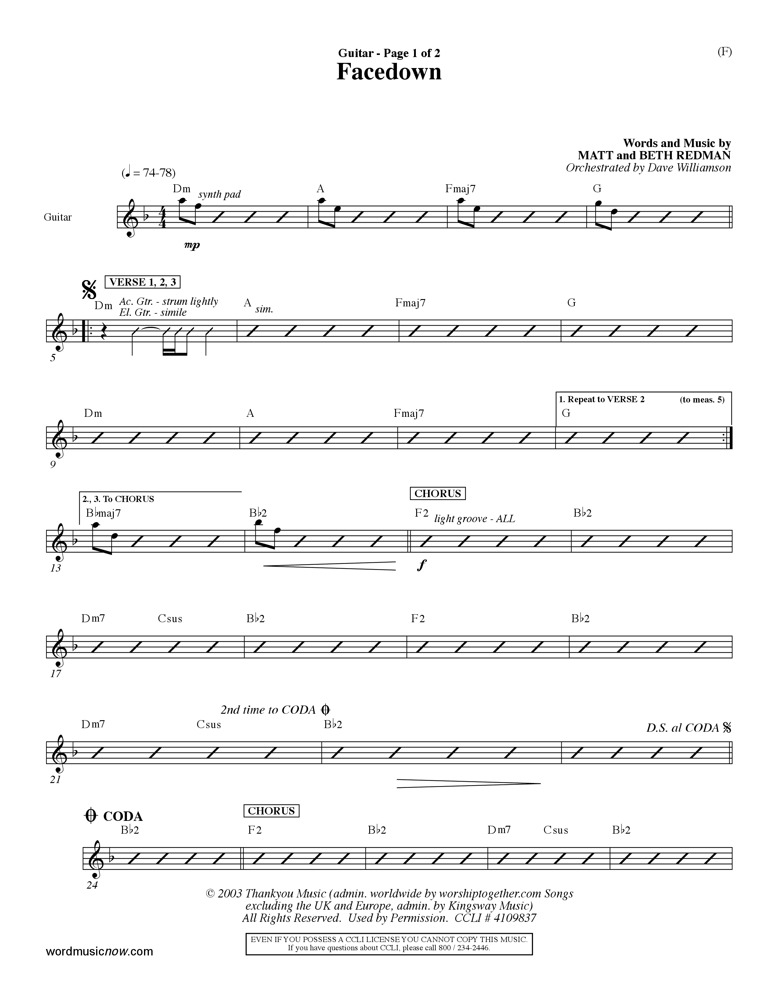 Facedown (Choral Anthem SATB) Acoustic Guitar (Word Music Choral / Orch. Dave Williamson)