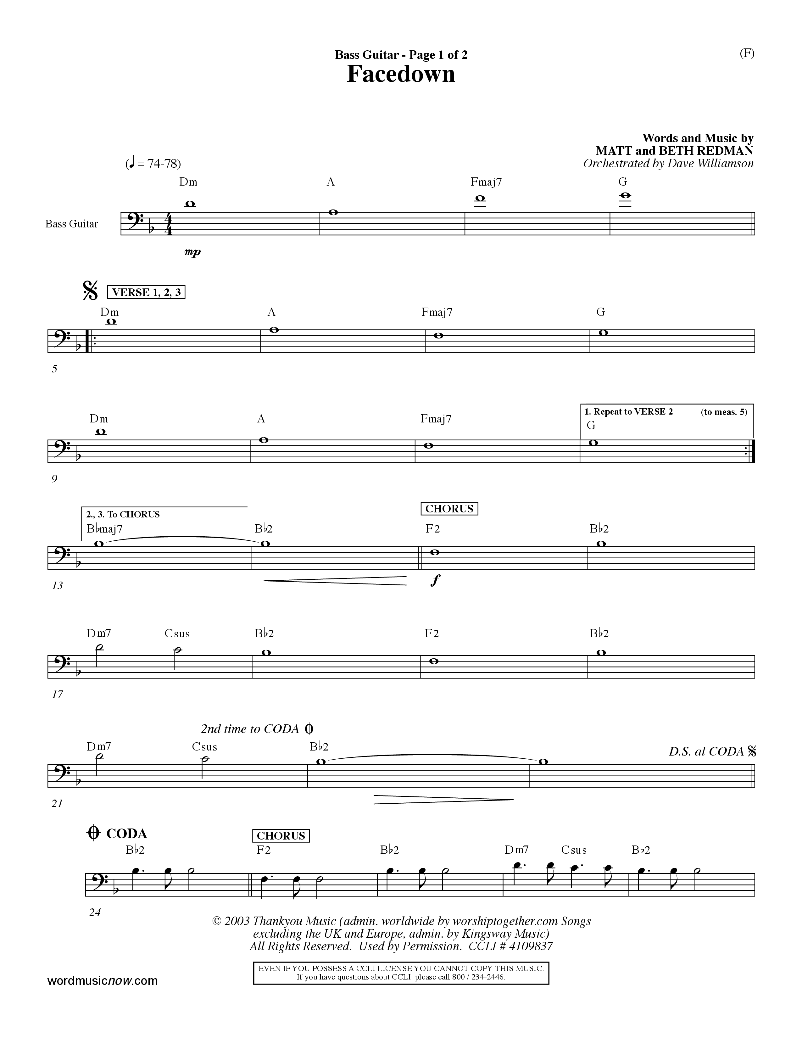 Facedown (Choral Anthem SATB) Bass Guitar (Word Music Choral / Orch. Dave Williamson)