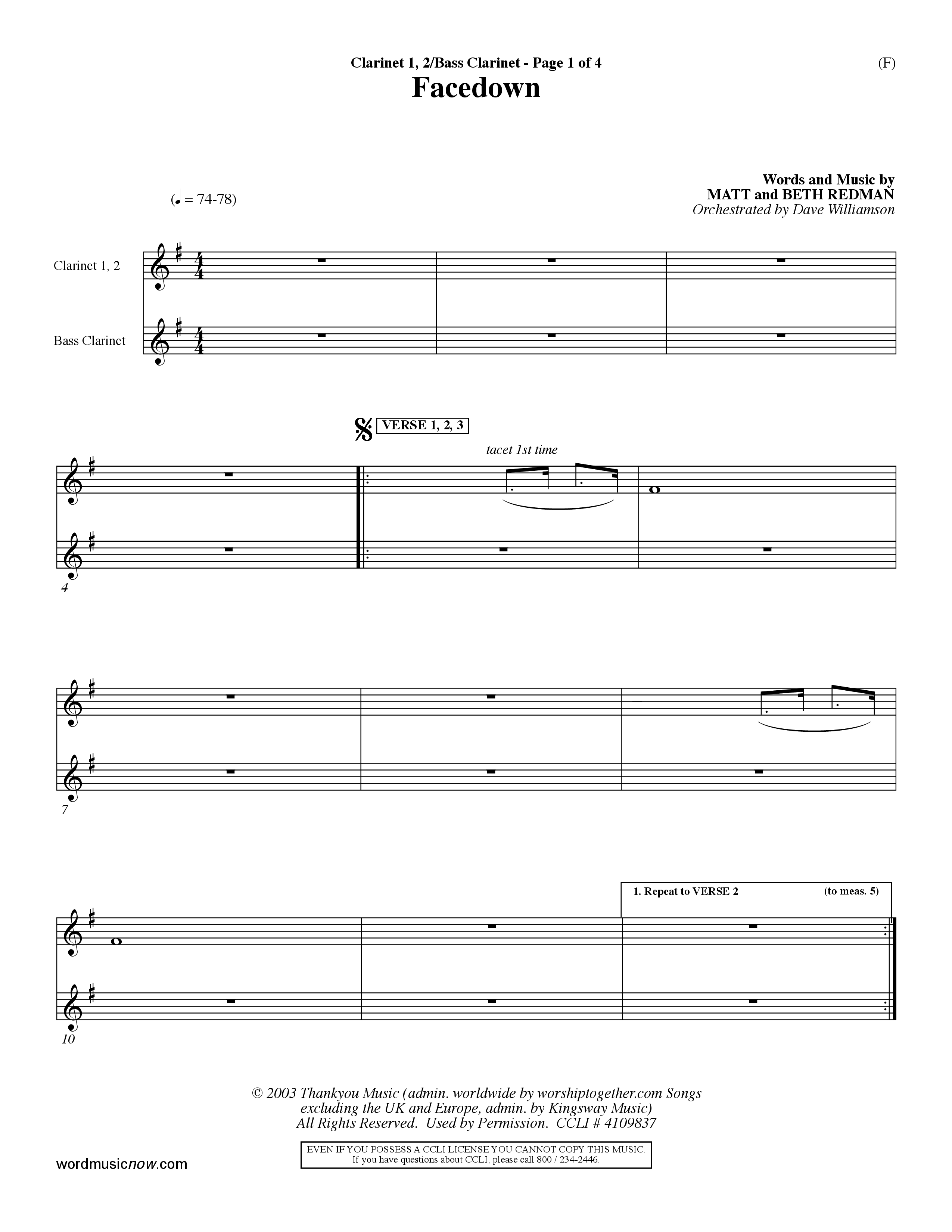 Facedown (Choral Anthem SATB) Clarinet 1/2, Bass Clarinet (Word Music Choral / Orch. Dave Williamson)