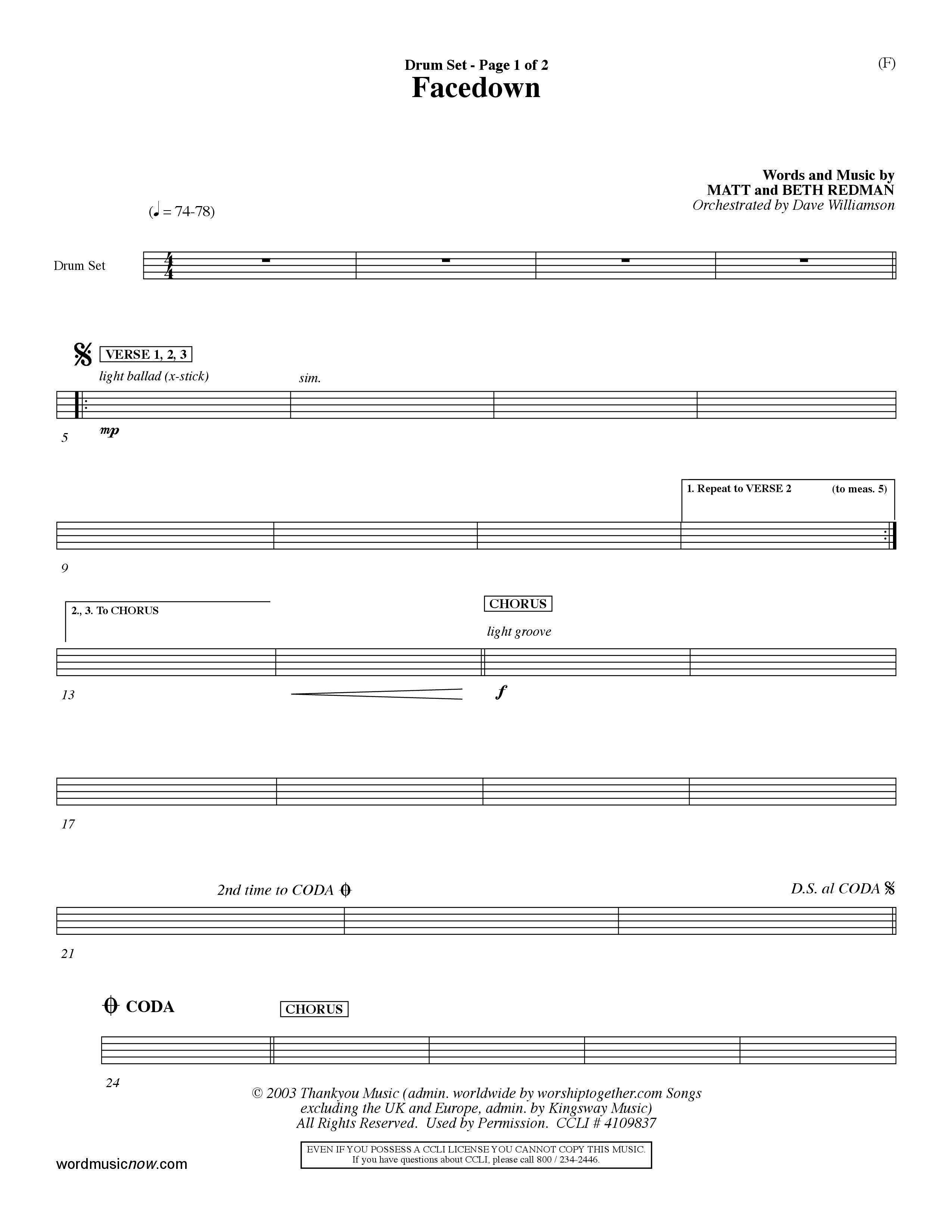Facedown (Choral Anthem SATB) Drum Set (Word Music Choral / Orch. Dave Williamson)