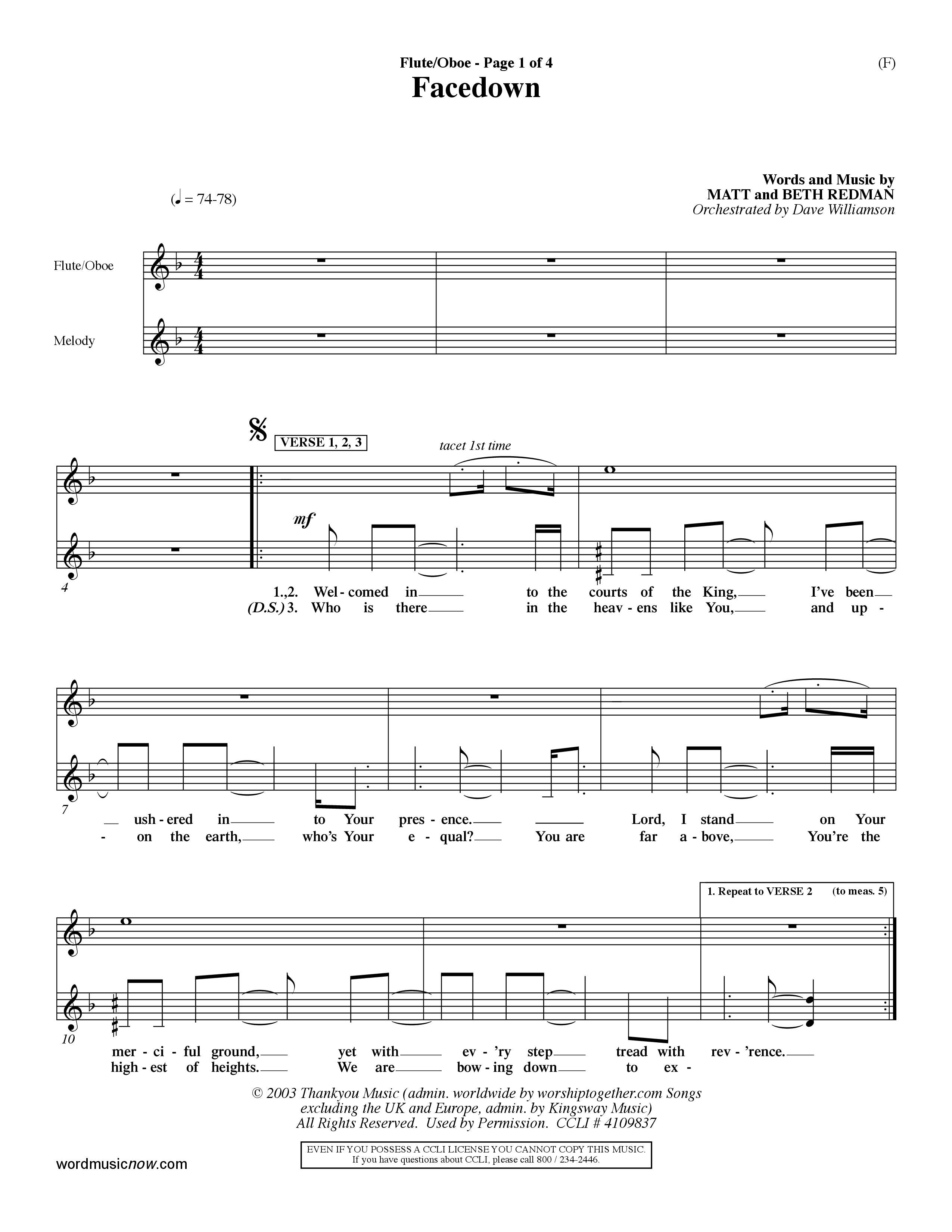 Facedown (Choral Anthem SATB) Flute/Oboe (Word Music Choral / Orch. Dave Williamson)