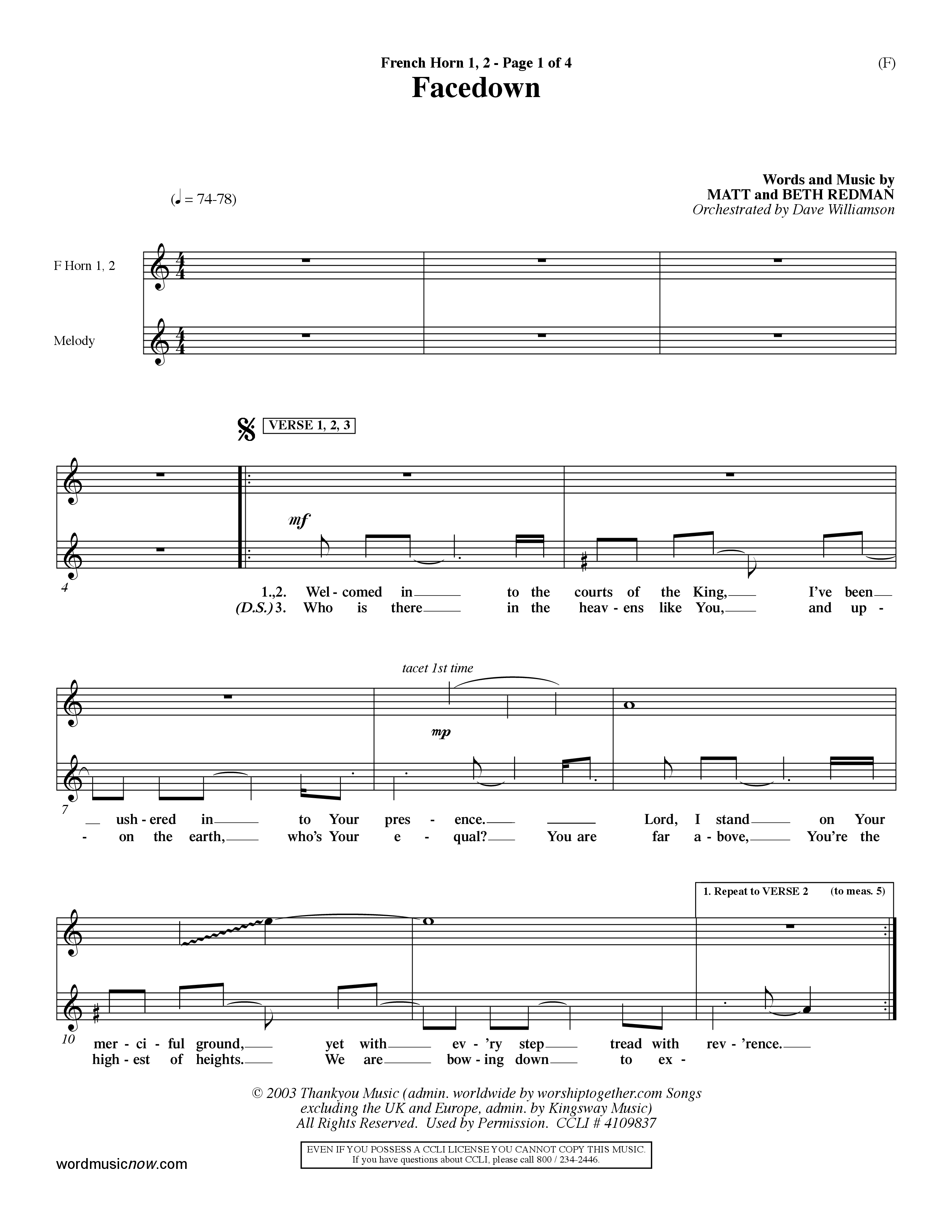 Facedown (Choral Anthem SATB) French Horn (Word Music Choral / Orch. Dave Williamson)