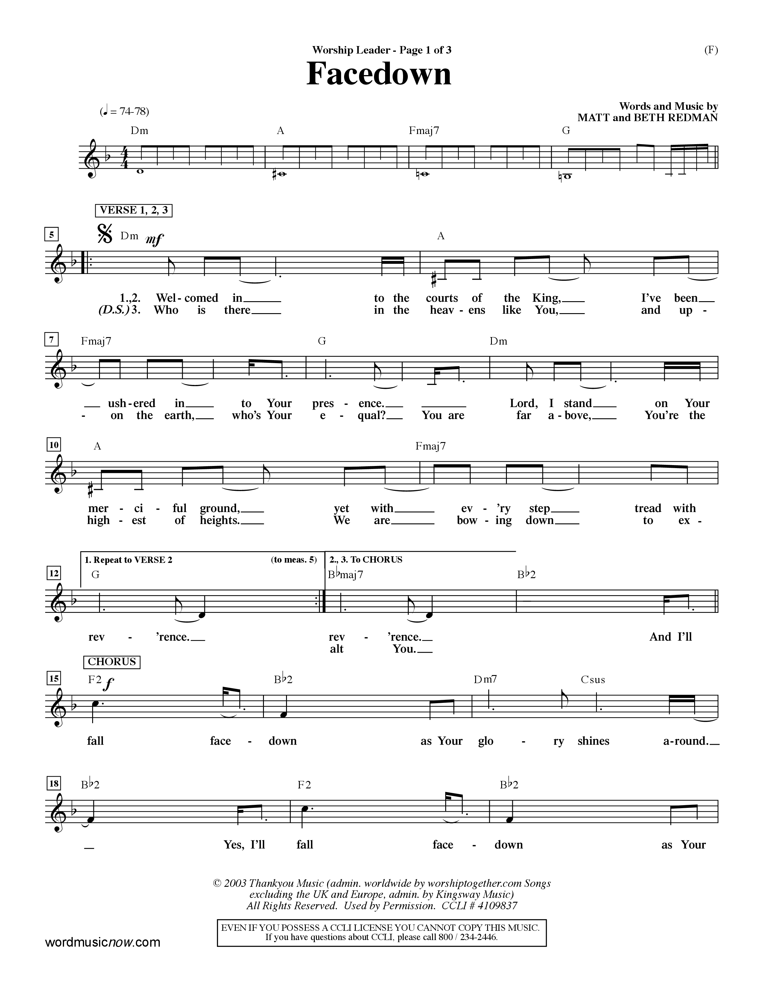 Facedown (Choral Anthem SATB) Lead Sheet (Mel) (Word Music Choral / Orch. Dave Williamson)
