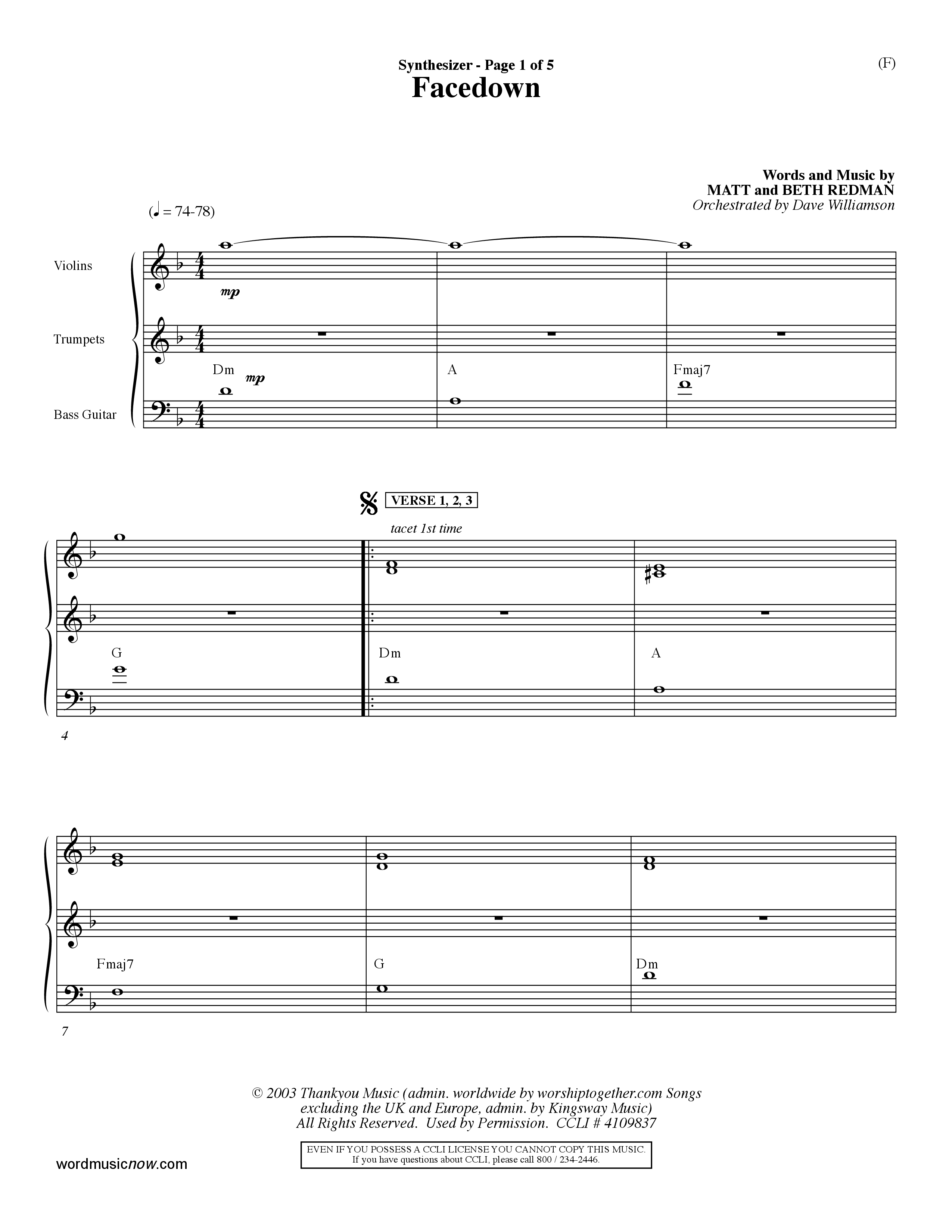 Facedown (Choral Anthem SATB) Synth (Word Music Choral / Orch. Dave Williamson)
