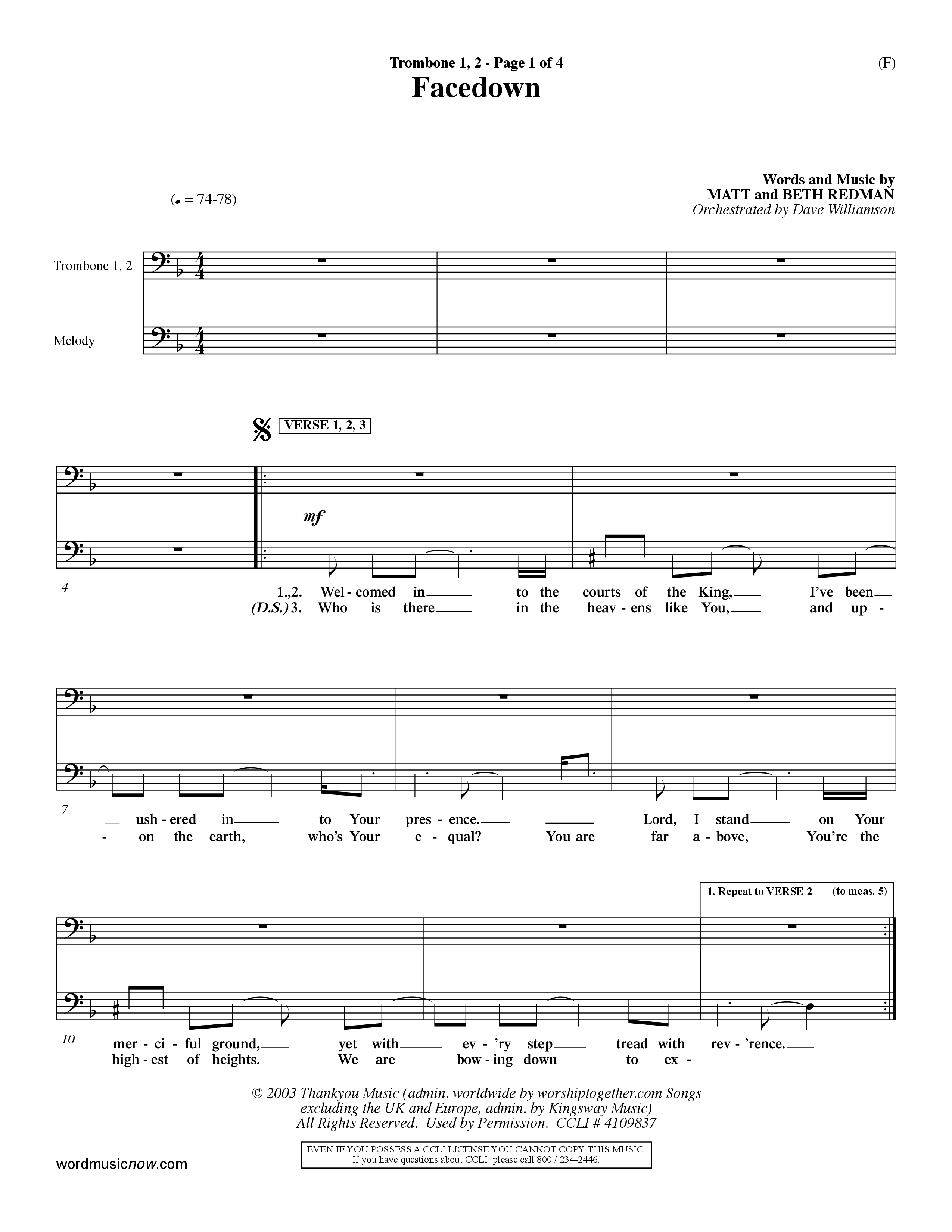 Facedown (Choral Anthem SATB) Trombone 1/2 (Word Music Choral / Orch. Dave Williamson)