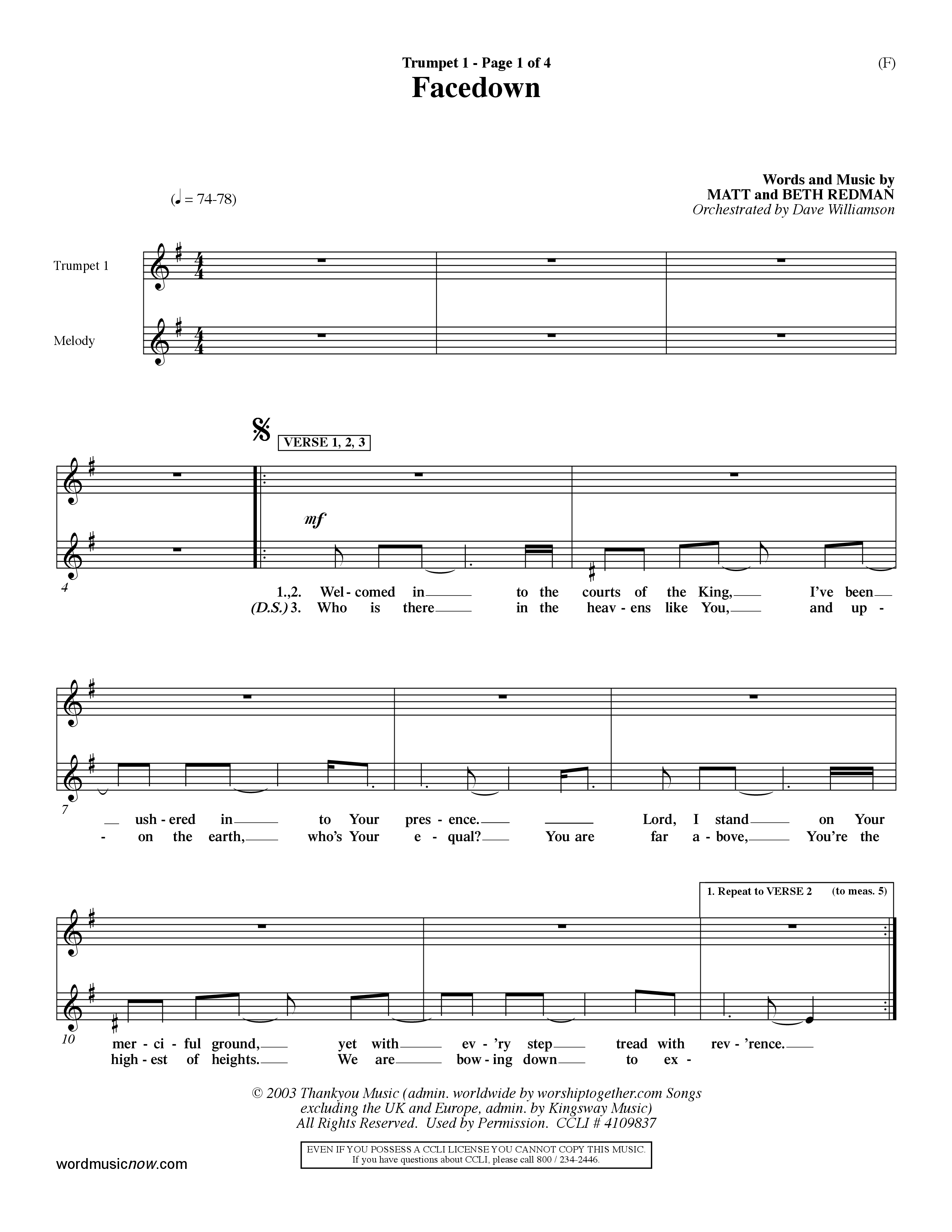 Facedown (Choral Anthem SATB) Trumpet 1 (Word Music Choral / Orch. Dave Williamson)