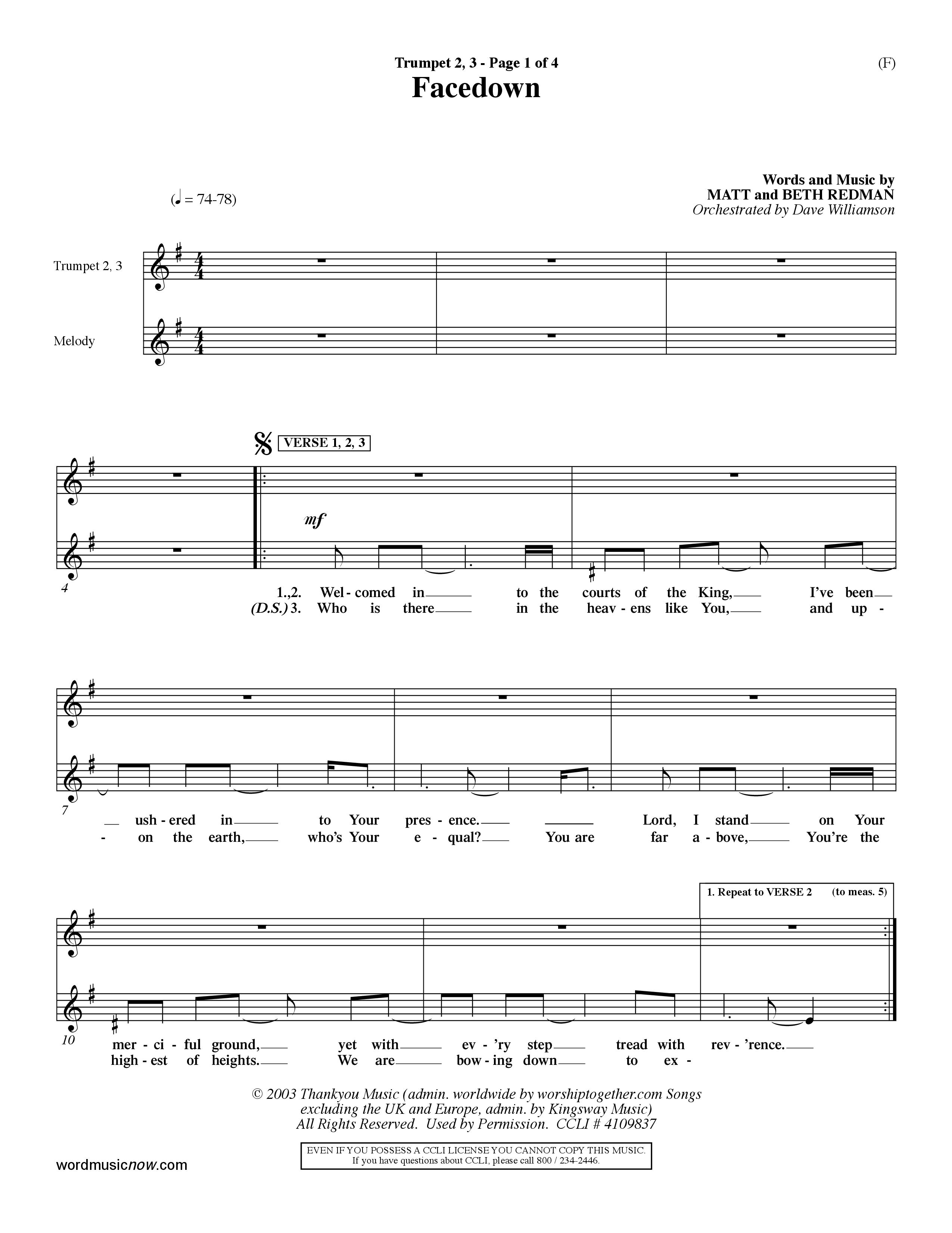 Facedown (Choral Anthem SATB) Trumpet 2/3 (Word Music Choral / Orch. Dave Williamson)