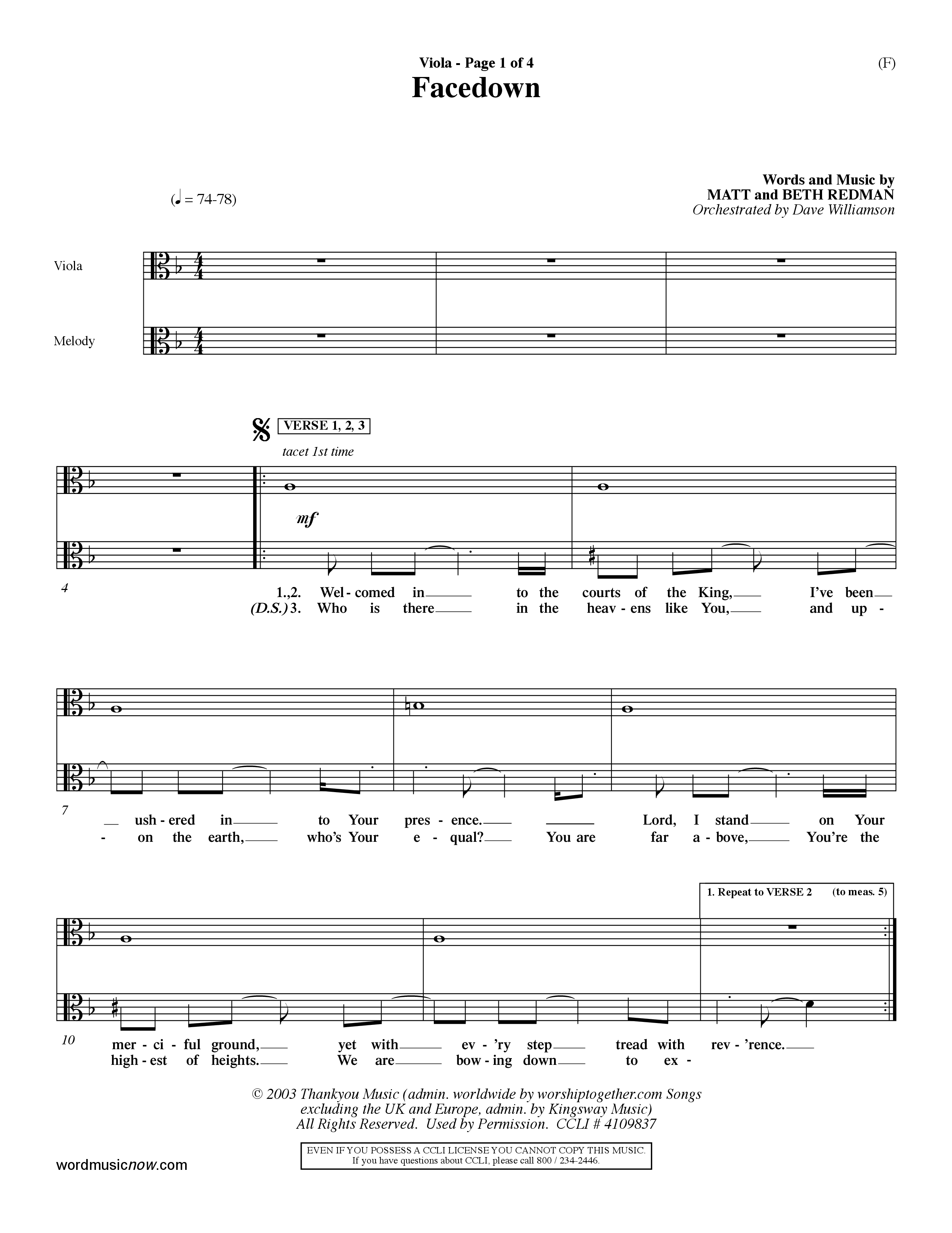 Facedown (Choral Anthem SATB) Viola (Word Music Choral / Orch. Dave Williamson)