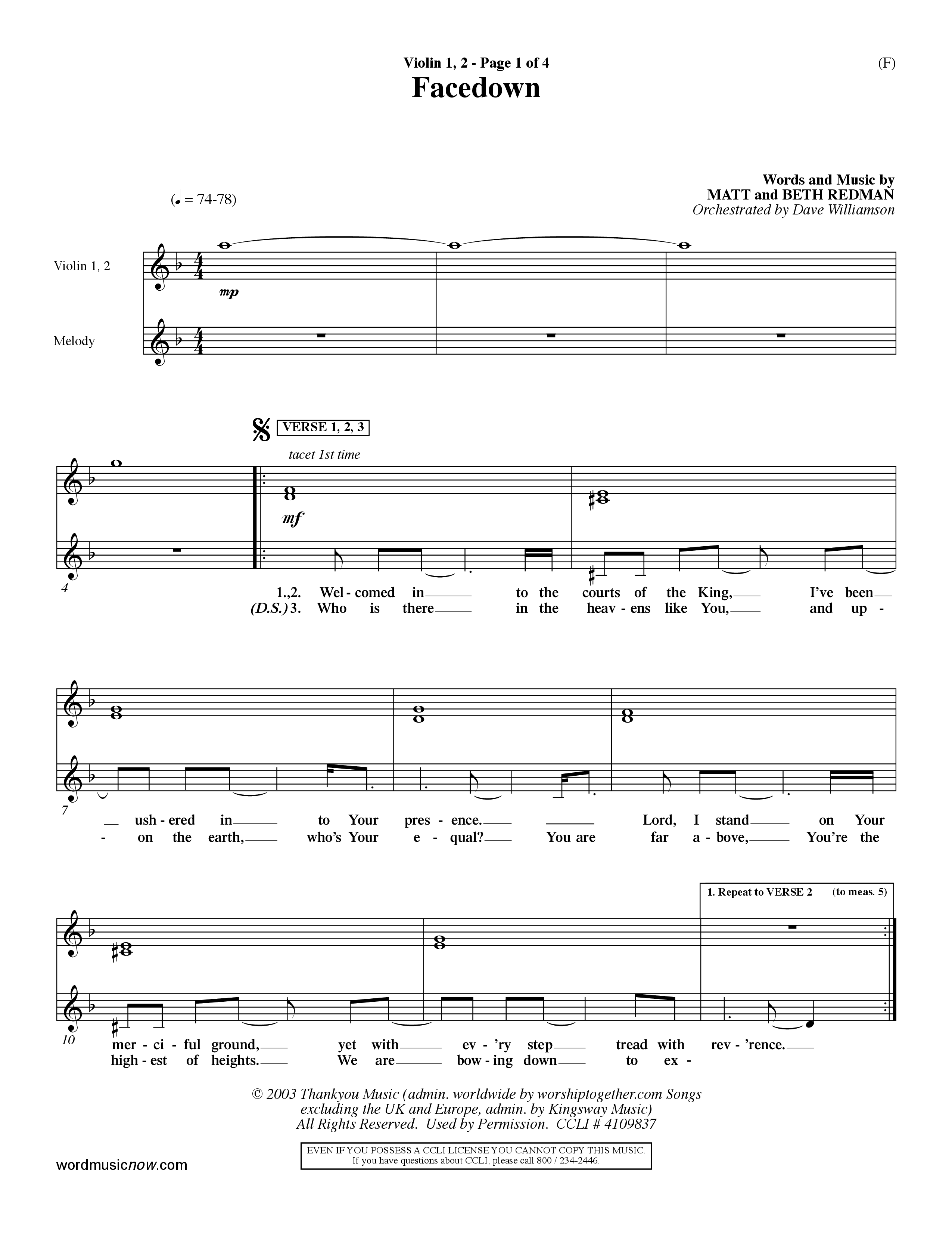 Facedown (Choral Anthem SATB) Violin 1/2 (Word Music Choral / Orch. Dave Williamson)