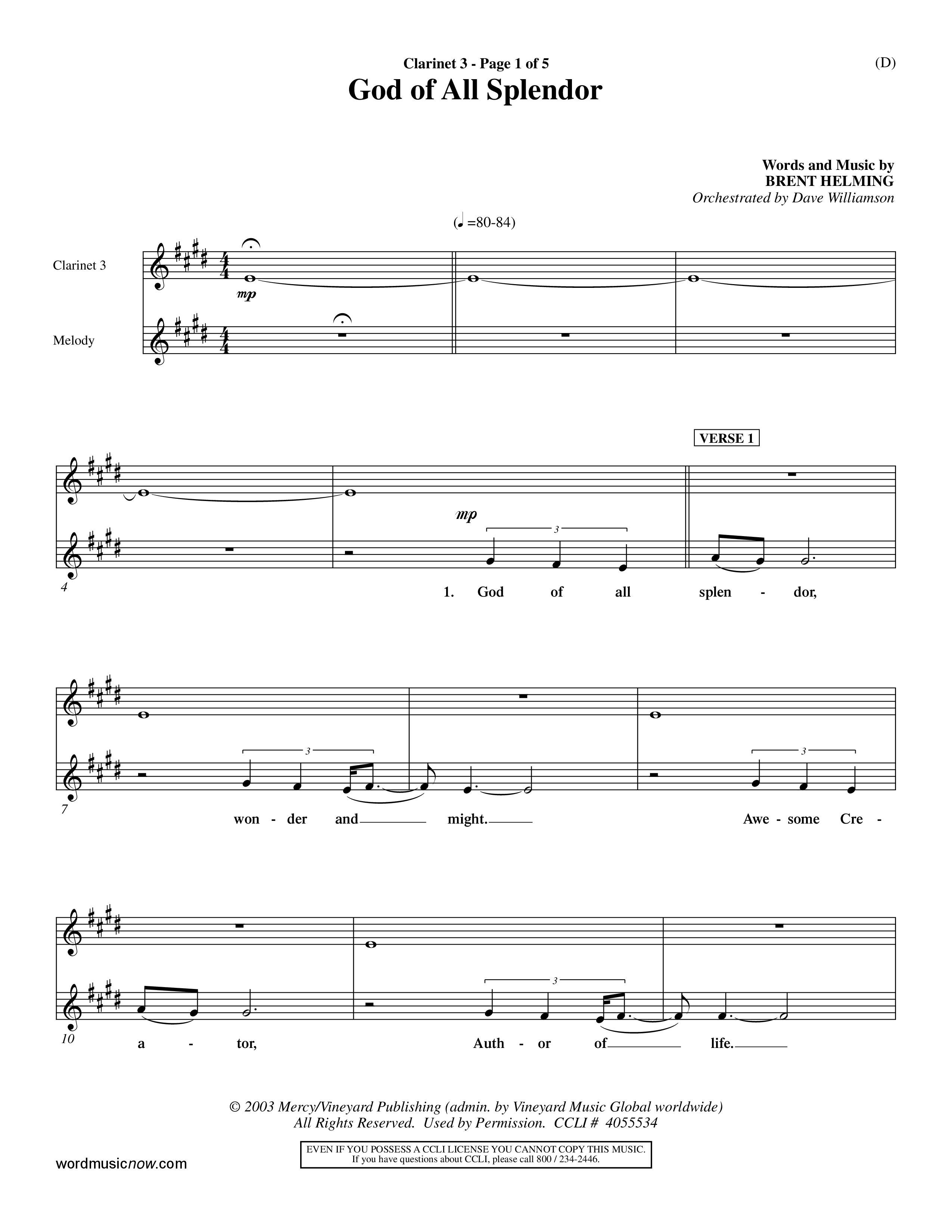 God Of All Splendor (Choral Anthem SATB) Clarinet 3 (Word Music Choral / Orch. Dave Williamson)