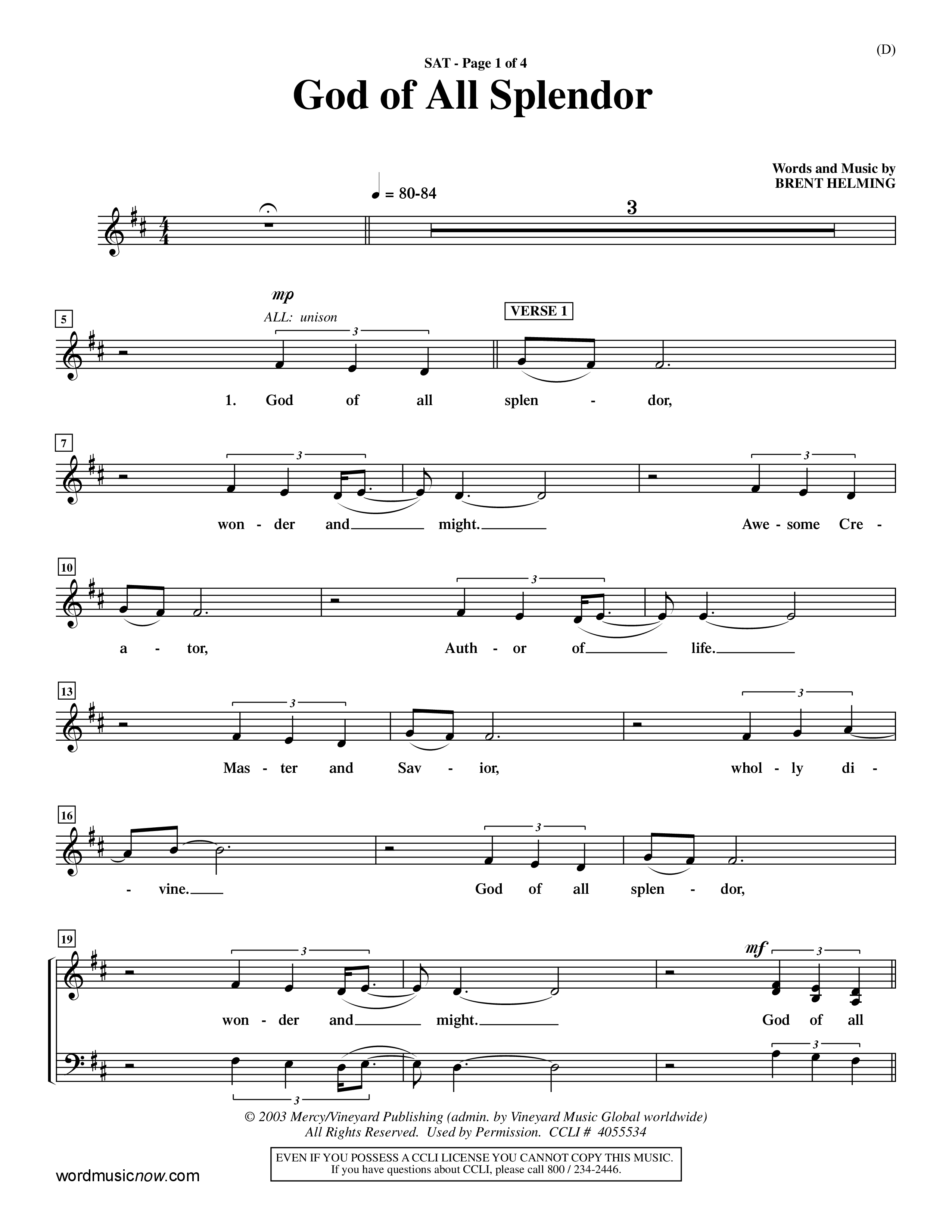 God Of All Splendor (Choral Anthem SATB) Lead Sheet (SAT) (Word Music Choral / Orch. Dave Williamson)