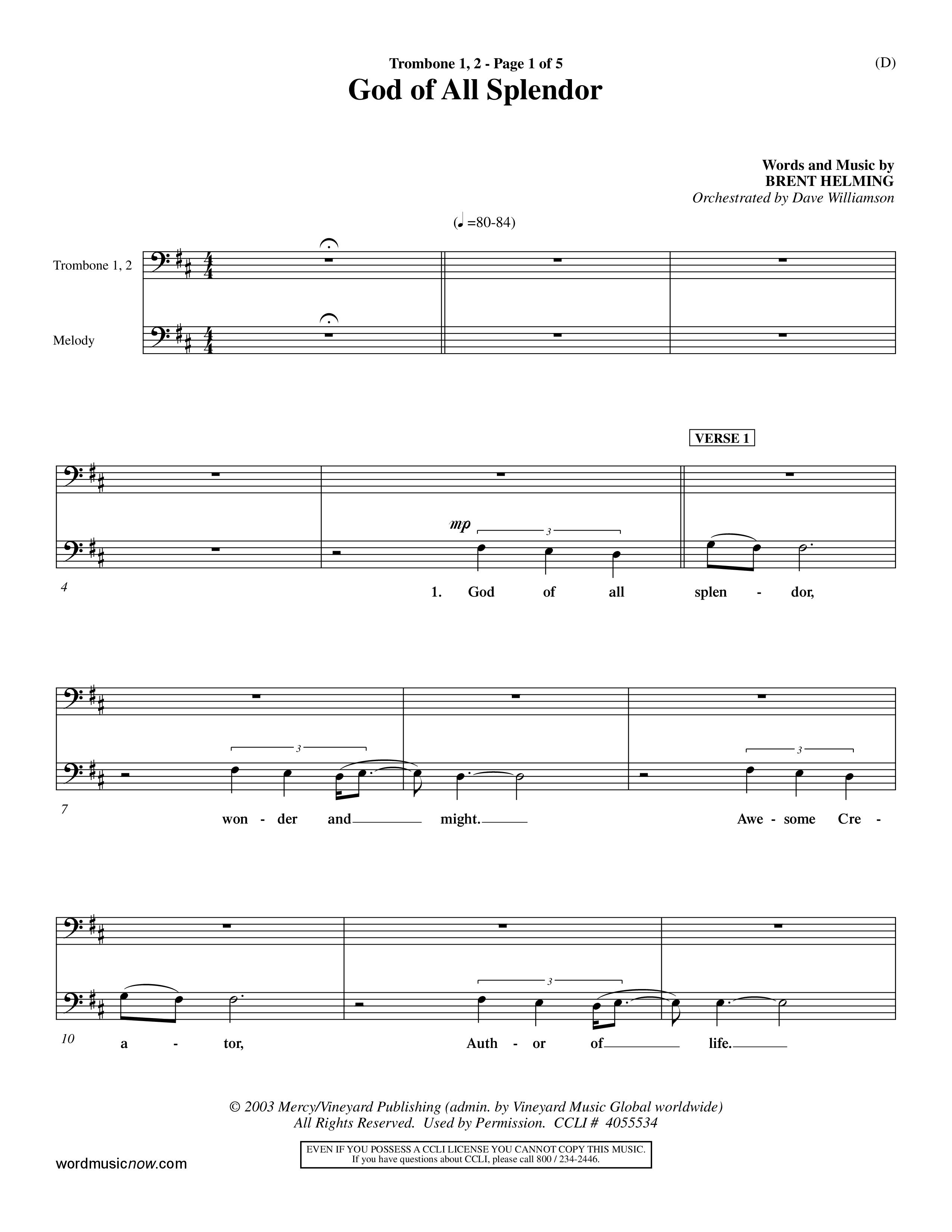 God Of All Splendor (Choral Anthem SATB) Trombone 1/2 (Word Music Choral / Orch. Dave Williamson)