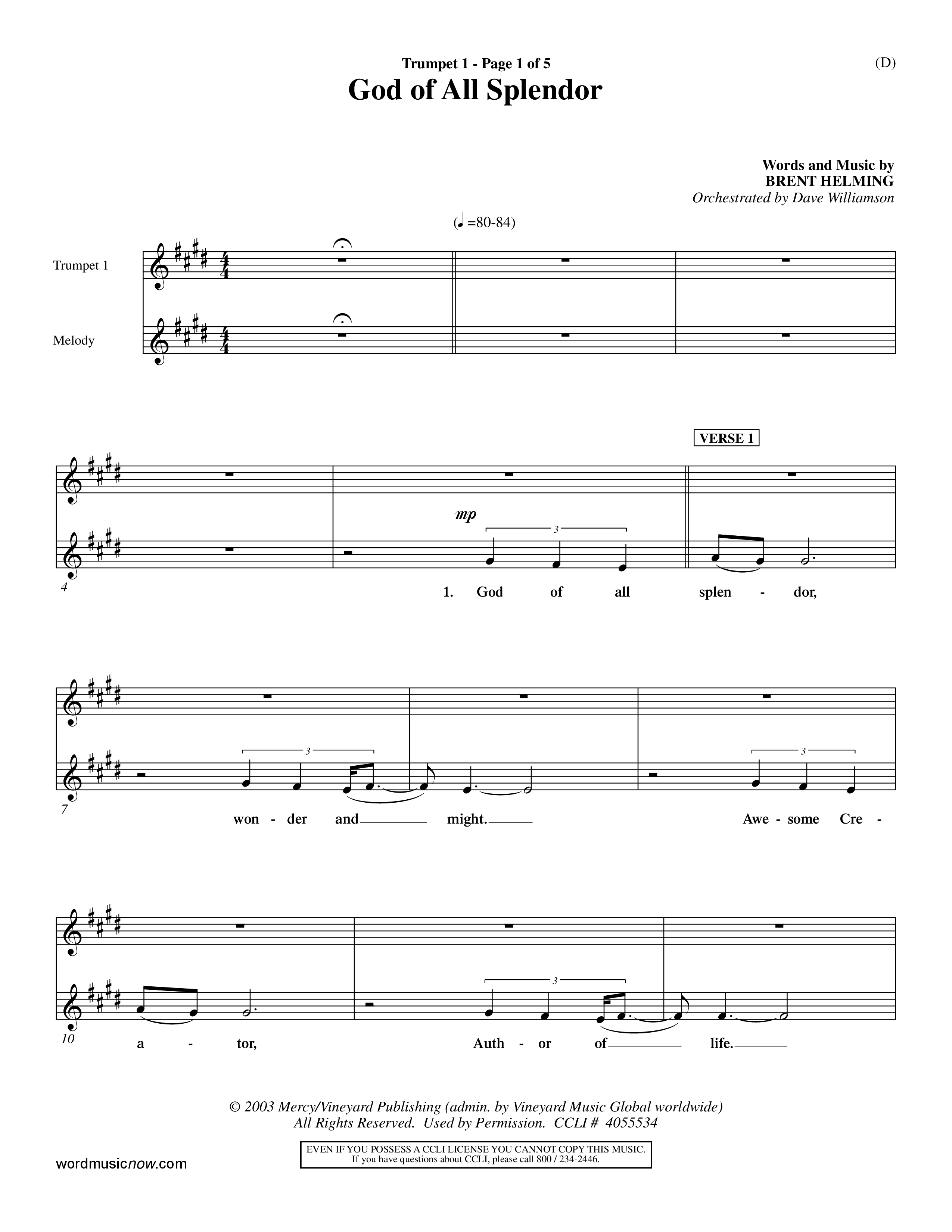 God Of All Splendor (Choral Anthem SATB) Trumpet 1 (Word Music Choral / Orch. Dave Williamson)