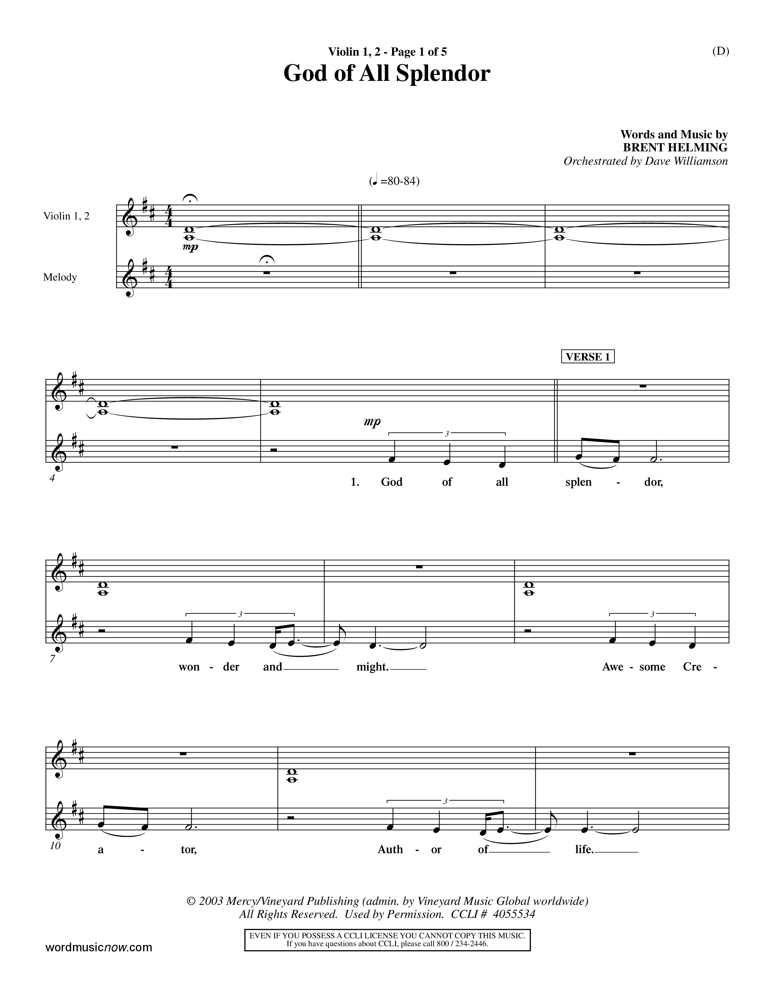 God Of All Splendor (Choral Anthem SATB) Violin 1/2 (Word Music Choral / Orch. Dave Williamson)