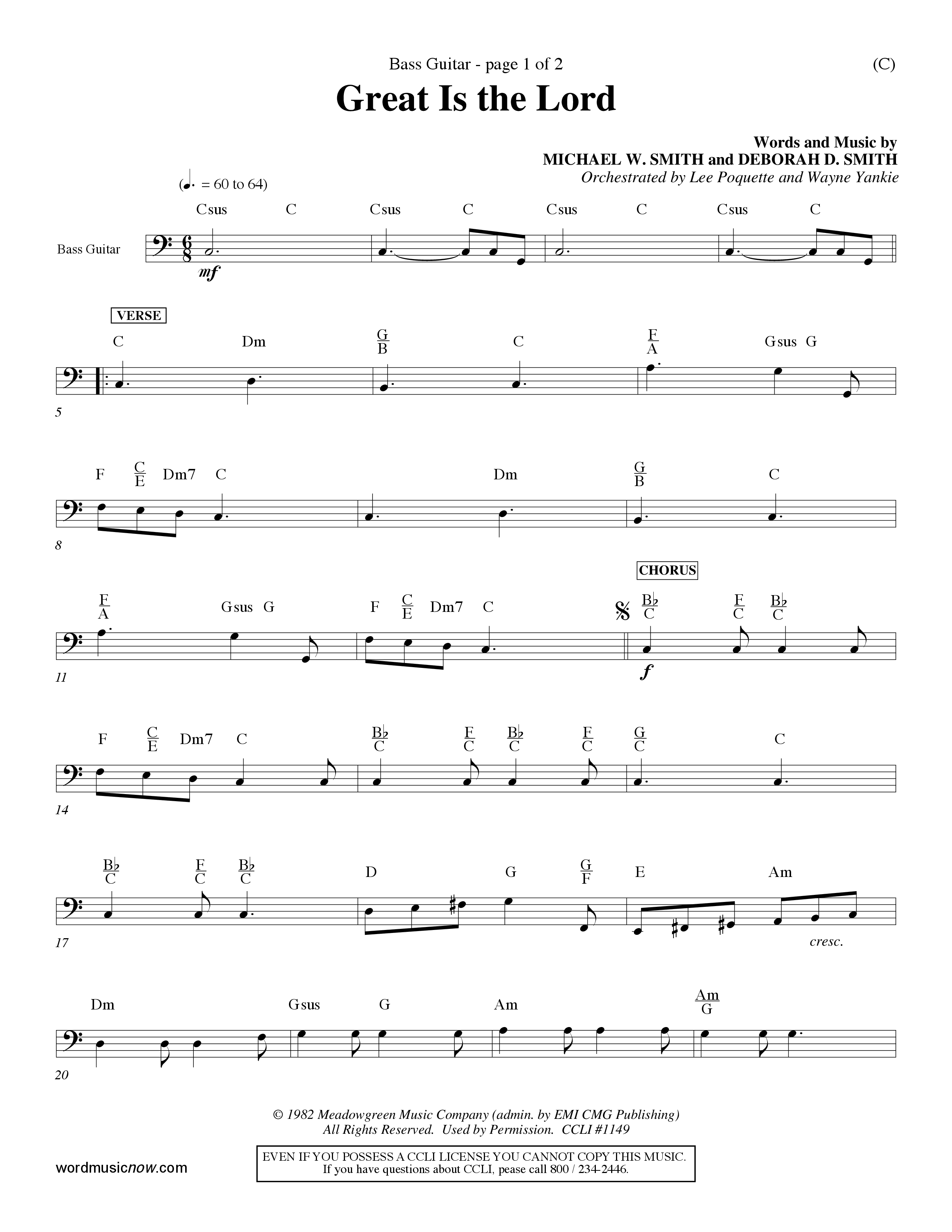 Great Is the Lord (Choral Anthem SATB) Bass Guitar (Word Music Choral / Orch. Lee Poquette / Orch. Wayne Yankie)