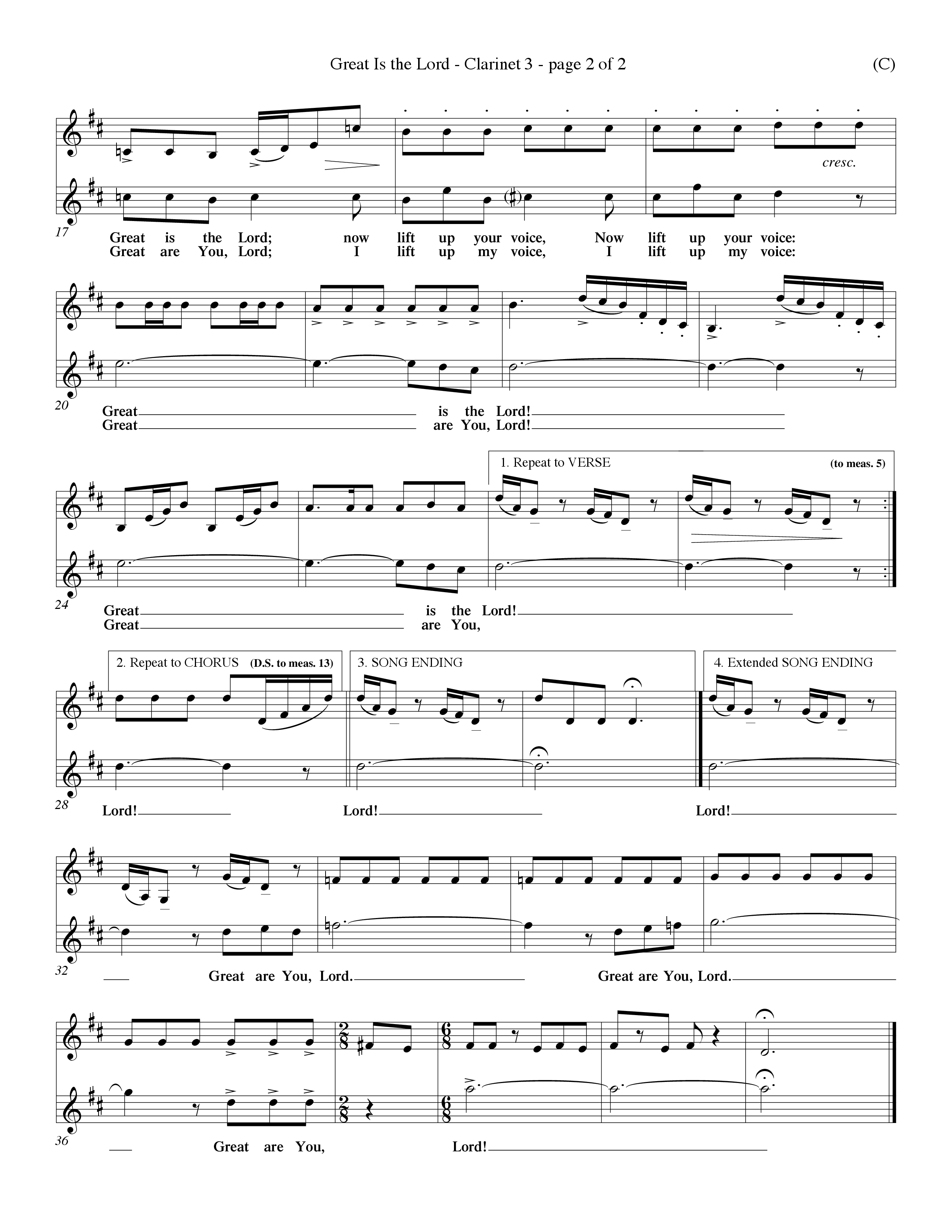 Great Is the Lord (Choral Anthem SATB) Clarinet 3 (Word Music Choral / Orch. Lee Poquette / Orch. Wayne Yankie)