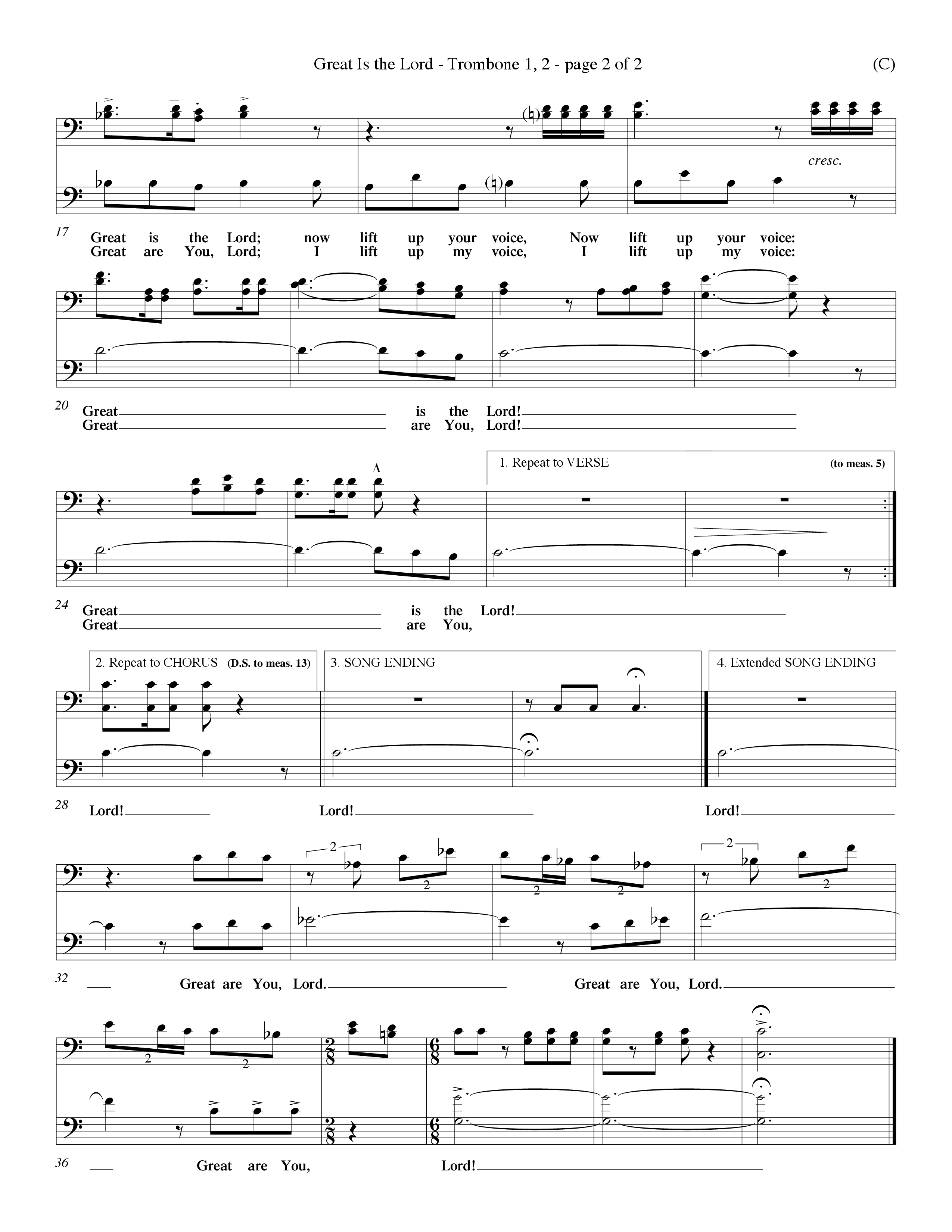 Great Is the Lord (Choral Anthem SATB) Trombone 1/2 (Word Music Choral / Orch. Lee Poquette / Orch. Wayne Yankie)
