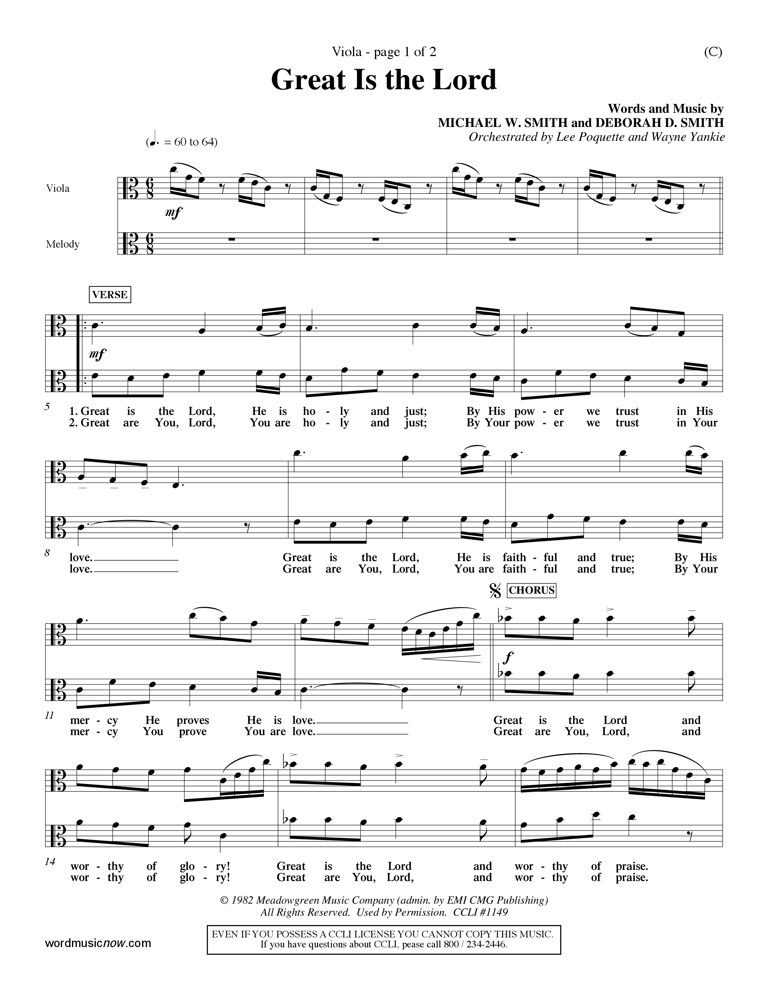 Great Is the Lord (Choral Anthem SATB) Viola (Word Music Choral / Orch. Lee Poquette / Orch. Wayne Yankie)