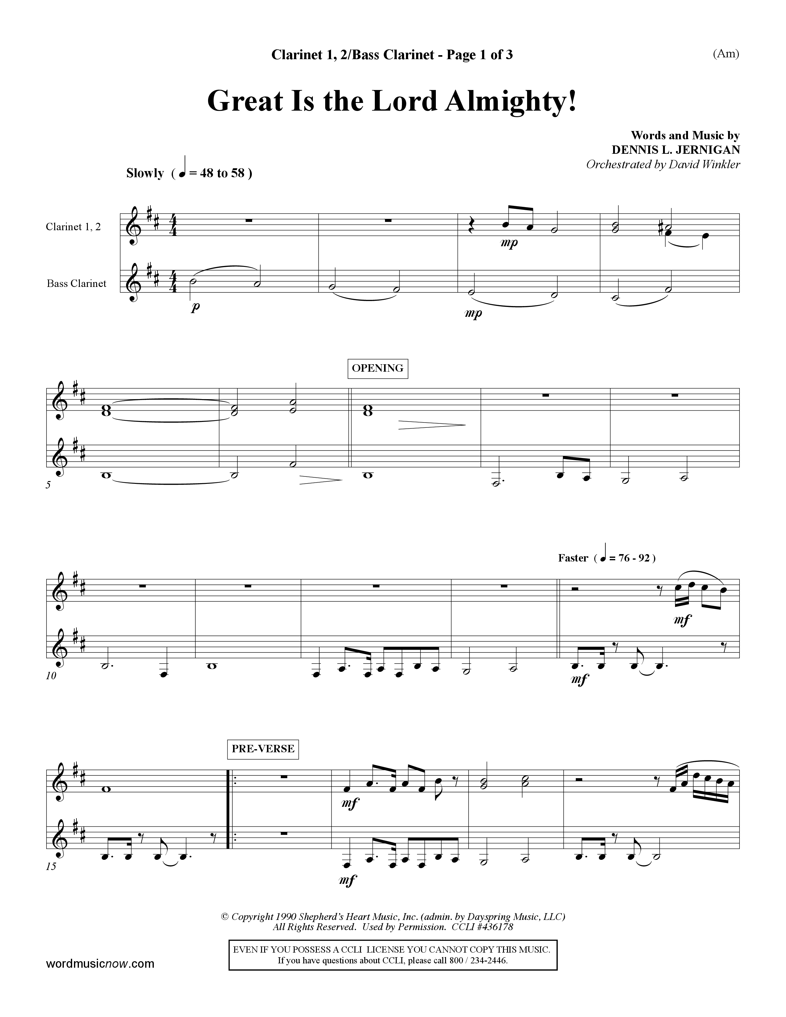 Great Is The Lord Almighty (Choral Anthem SATB) Clarinet 1/2, Bass Clarinet (Word Music Choral / Orch. David Winkler)