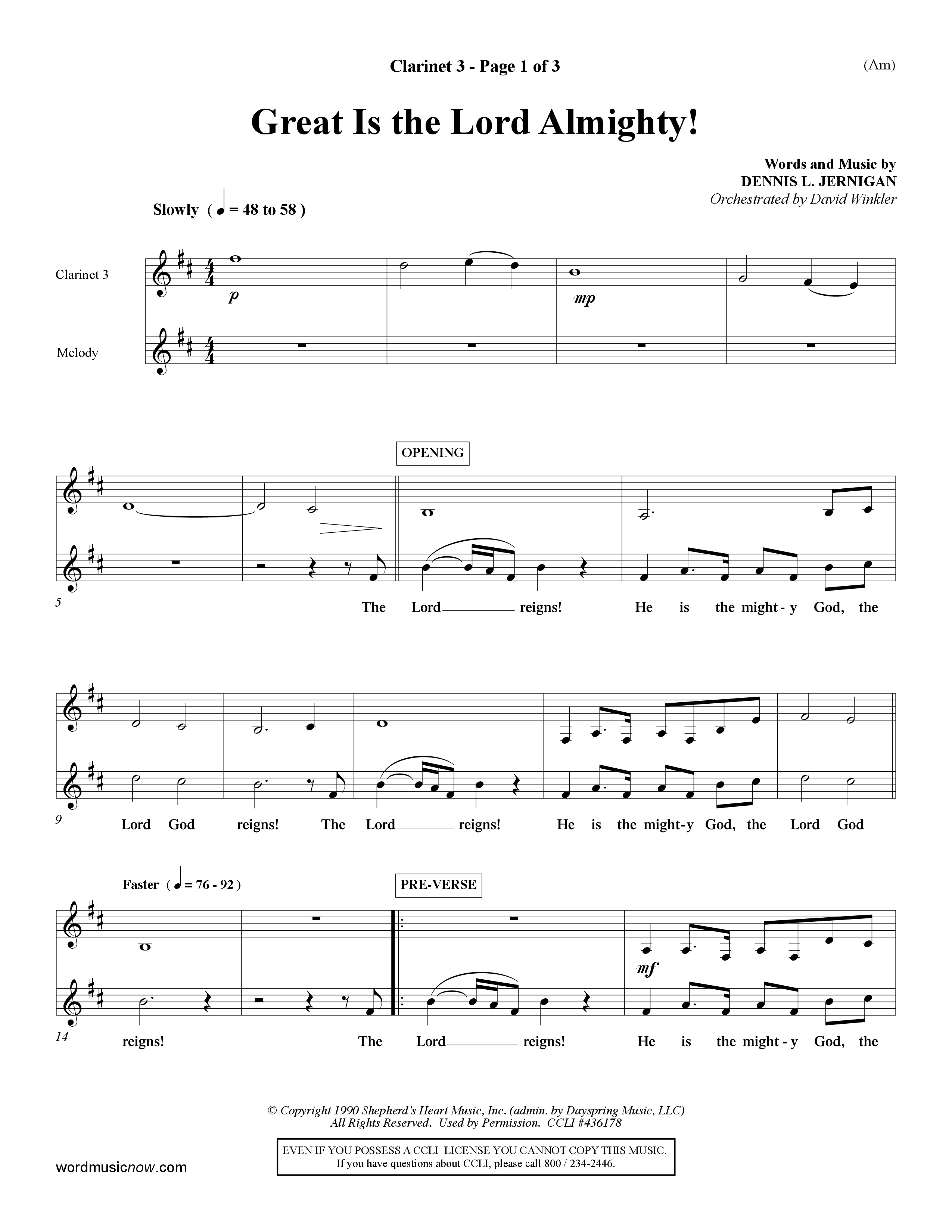 Great Is The Lord Almighty (Choral Anthem SATB) Clarinet 3 (Word Music Choral / Orch. David Winkler)
