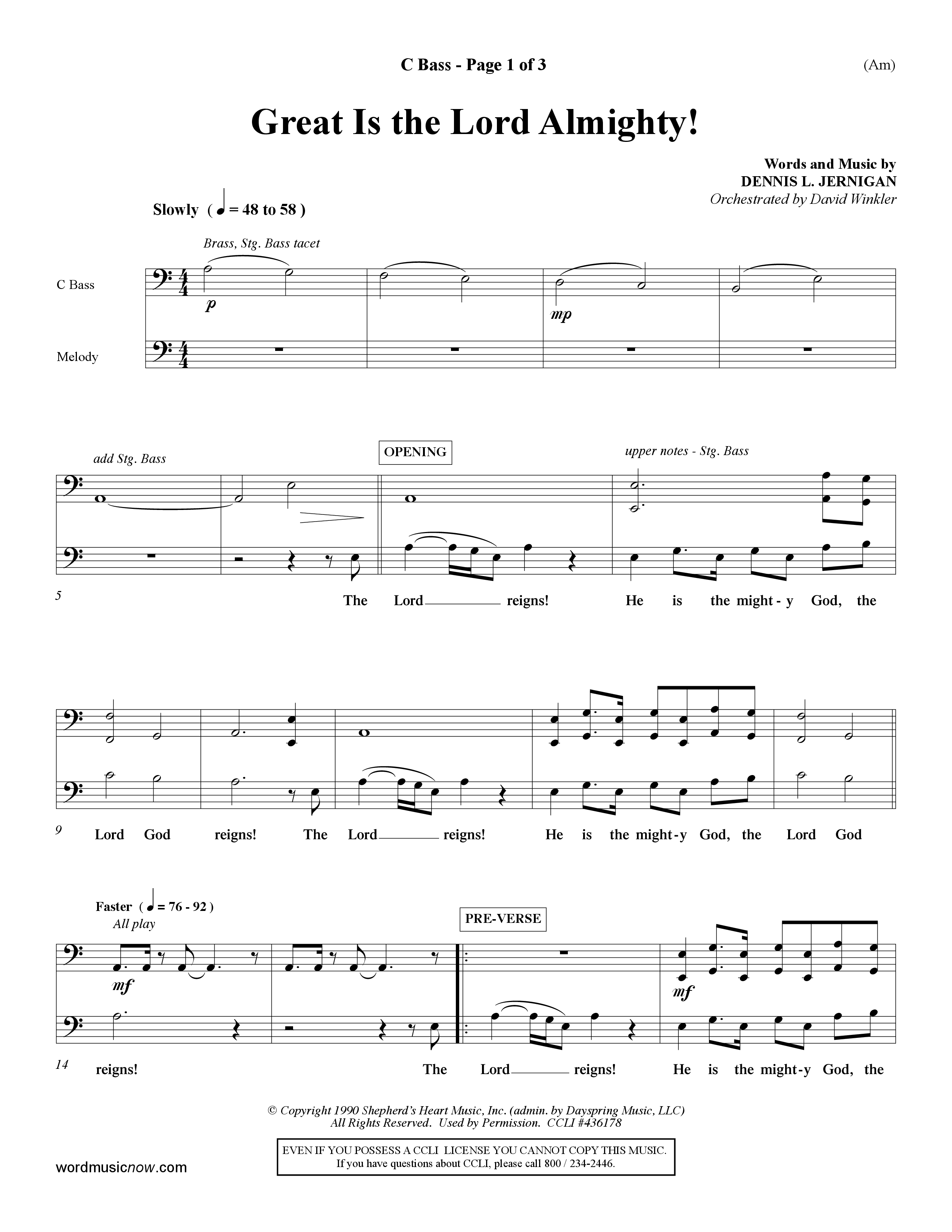 Great Is The Lord Almighty (Choral Anthem SATB) Contrabass (Word Music Choral / Orch. David Winkler)