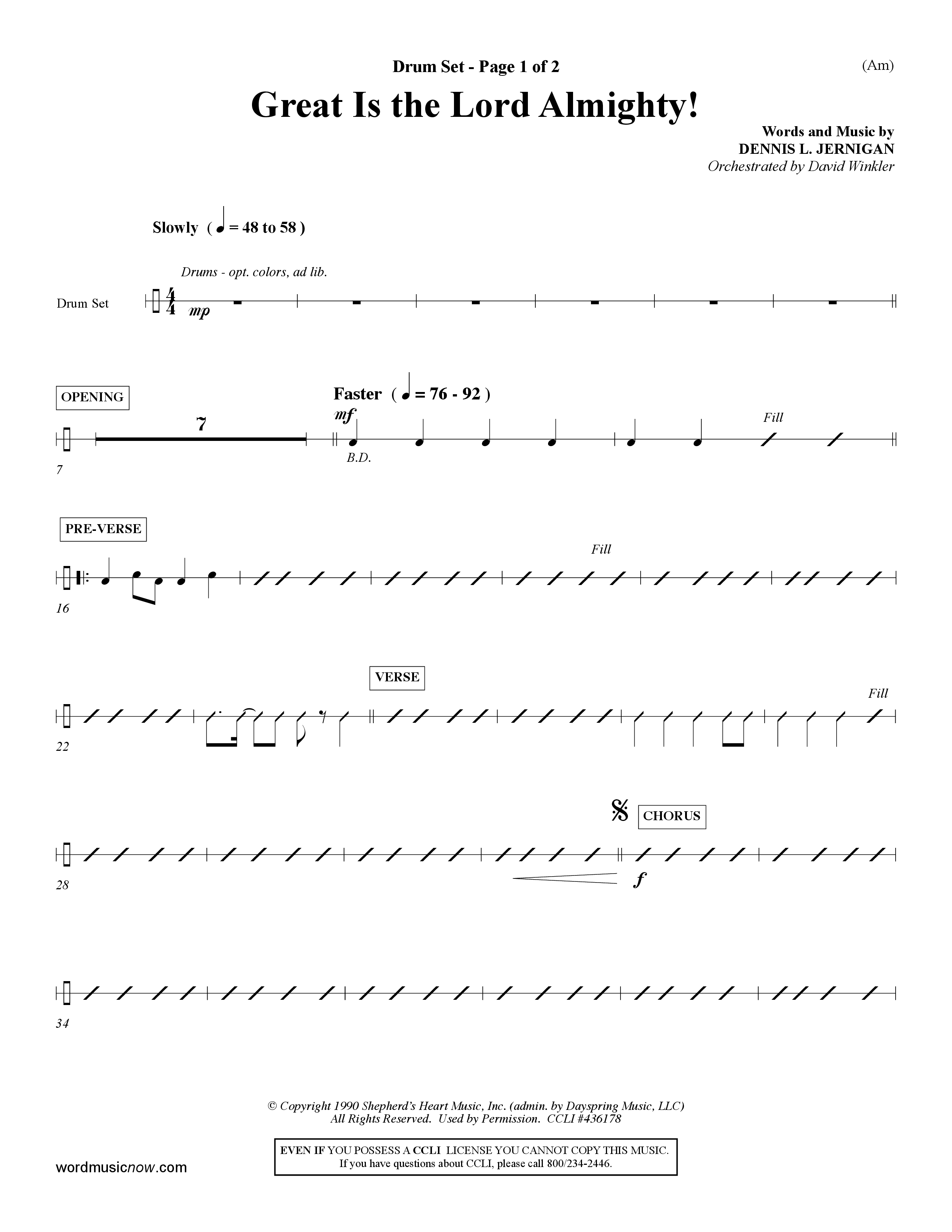 Great Is The Lord Almighty (Choral Anthem SATB) Drum Set (Word Music Choral / Orch. David Winkler)