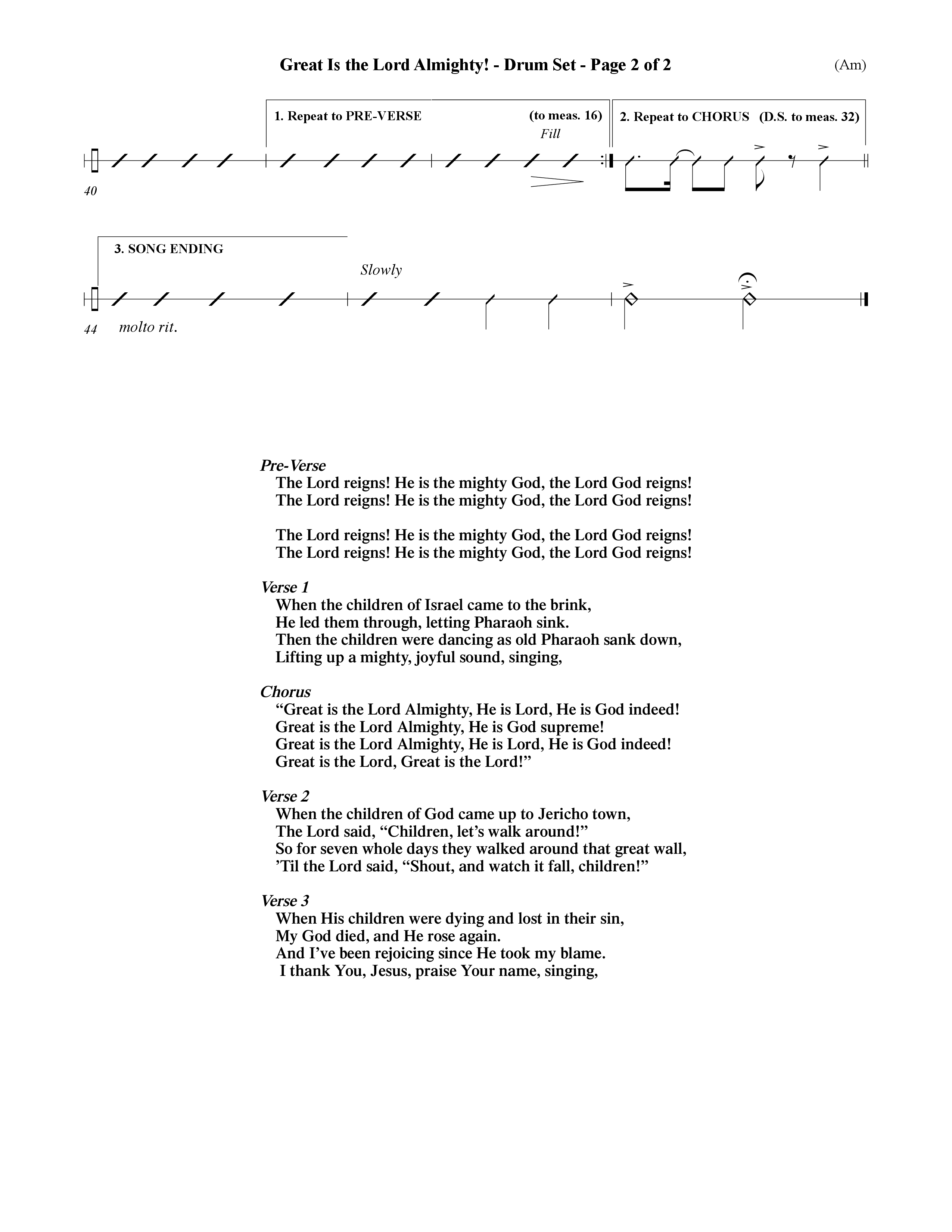 Great Is The Lord Almighty (Choral Anthem SATB) Drum Set (Word Music Choral / Orch. David Winkler)