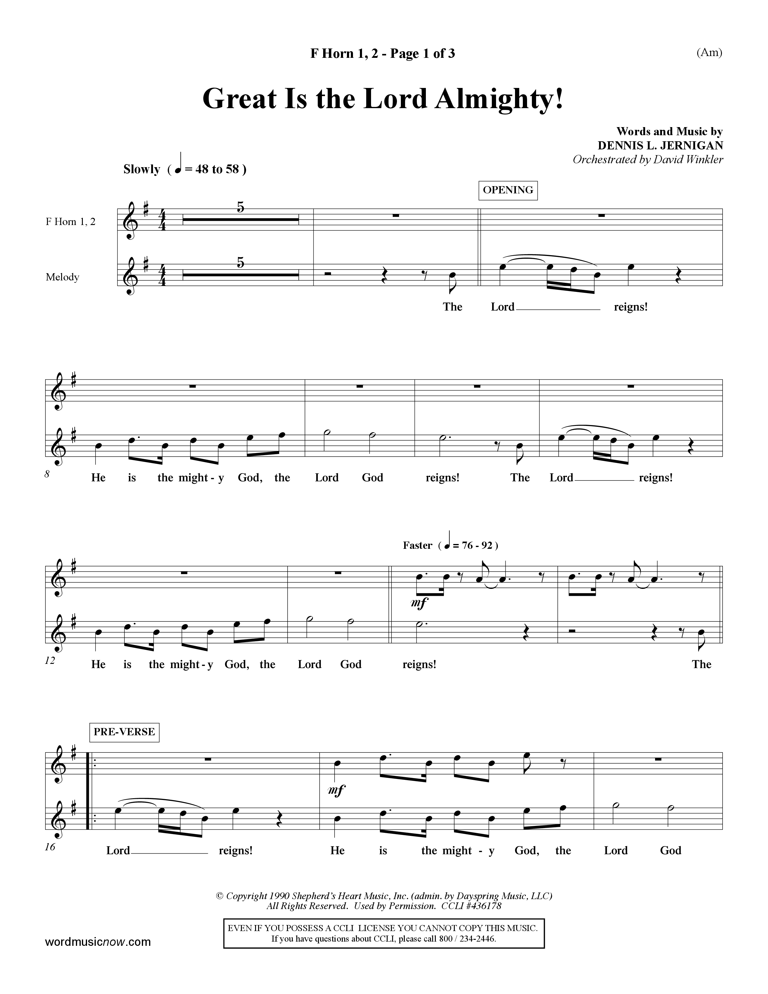 Great Is The Lord Almighty (Choral Anthem SATB) French Horn (Word Music Choral / Orch. David Winkler)