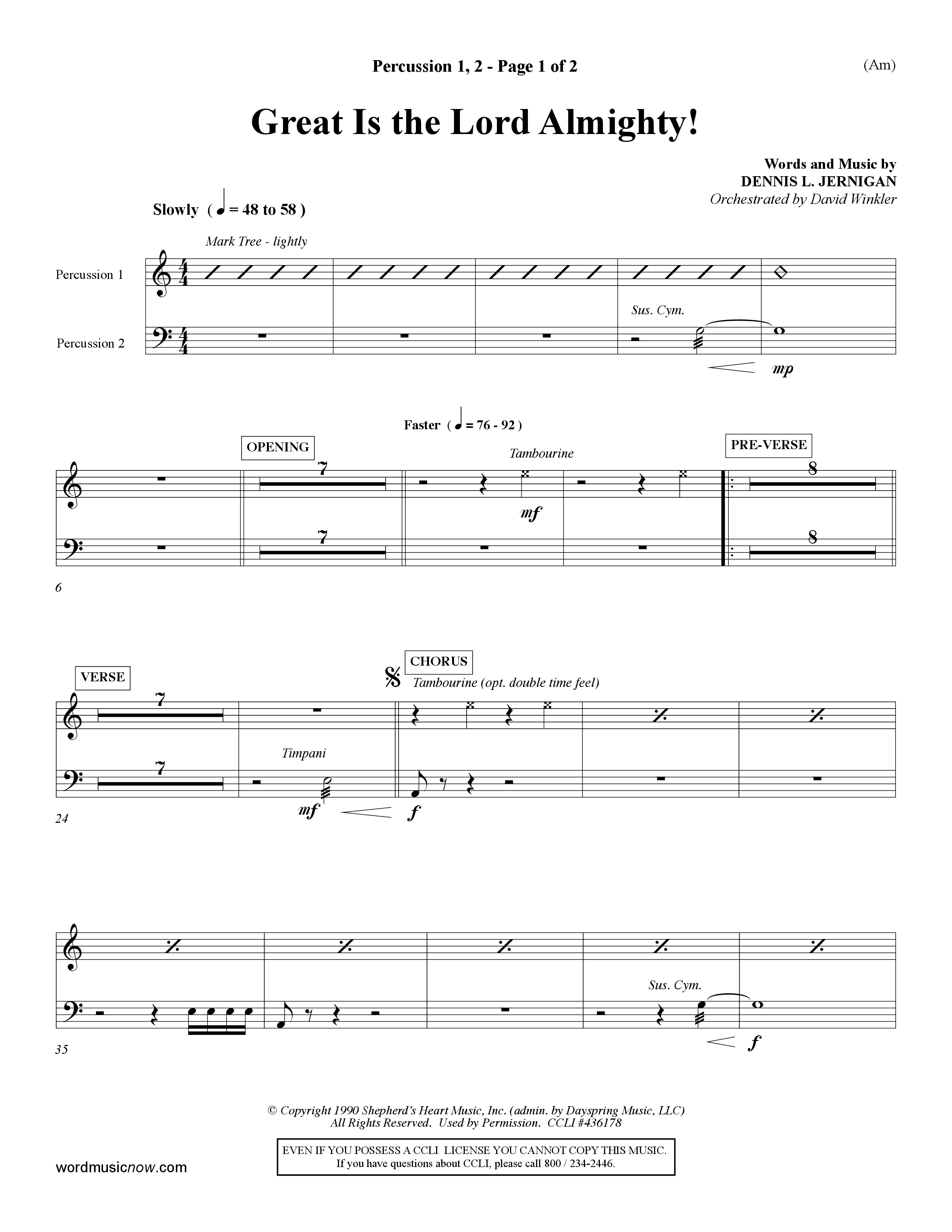 Great Is The Lord Almighty (Choral Anthem SATB) Percussion 1/2 (Word Music Choral / Orch. David Winkler)
