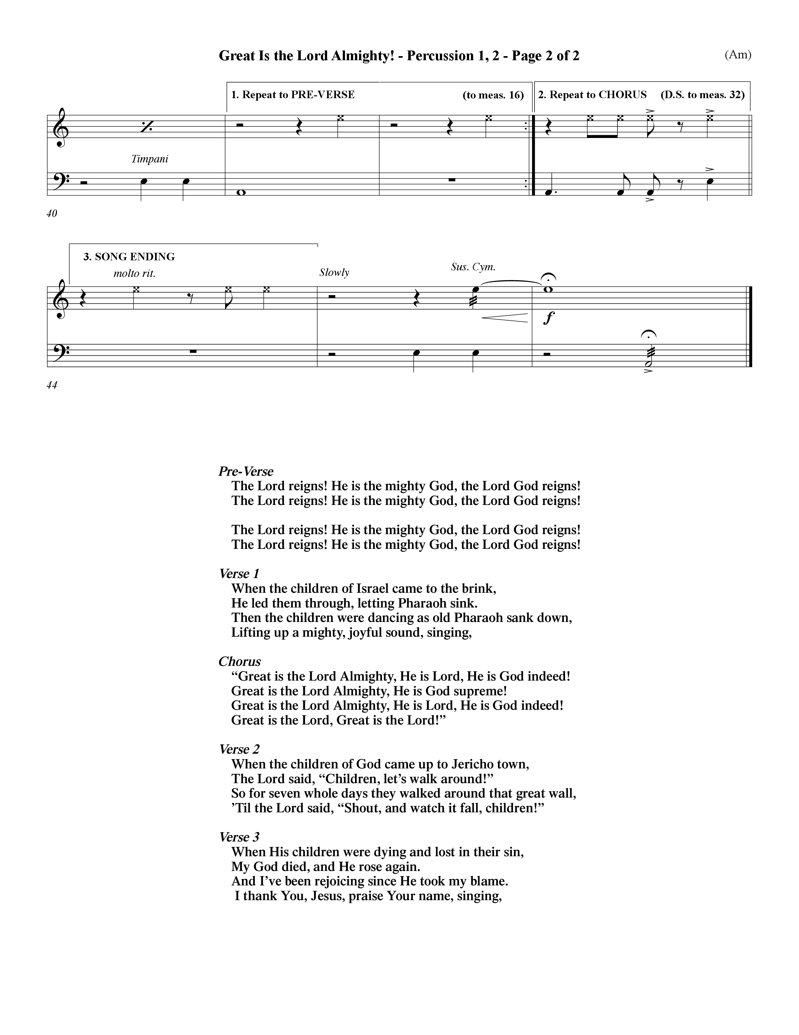 Great Is The Lord Almighty (Choral Anthem SATB) Percussion 1/2 (Word Music Choral / Orch. David Winkler)