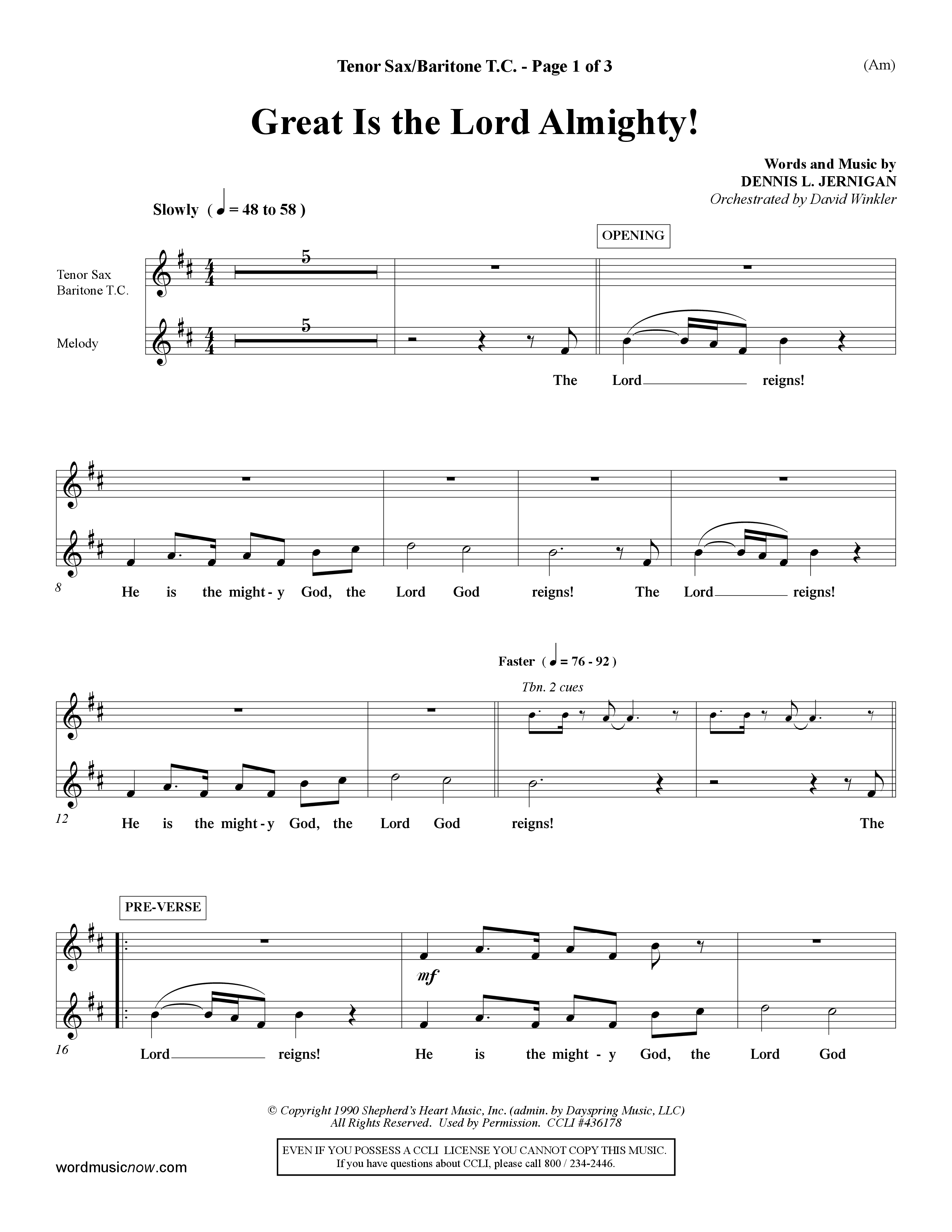 Great Is The Lord Almighty (Choral Anthem SATB) Tenor Sax/Baritone T.C. (Word Music Choral / Orch. David Winkler)