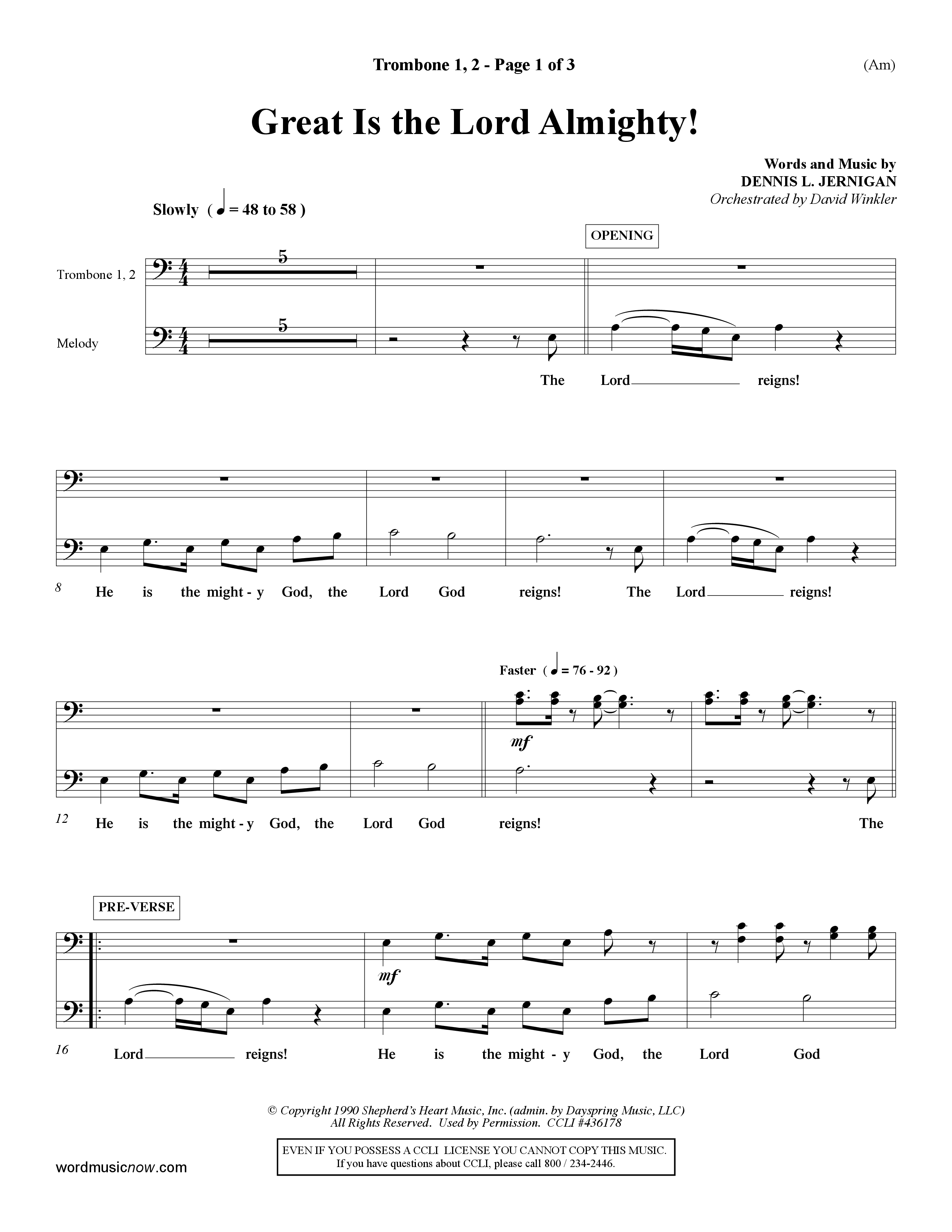 Great Is The Lord Almighty (Choral Anthem SATB) Trombone 1/2 (Word Music Choral / Orch. David Winkler)