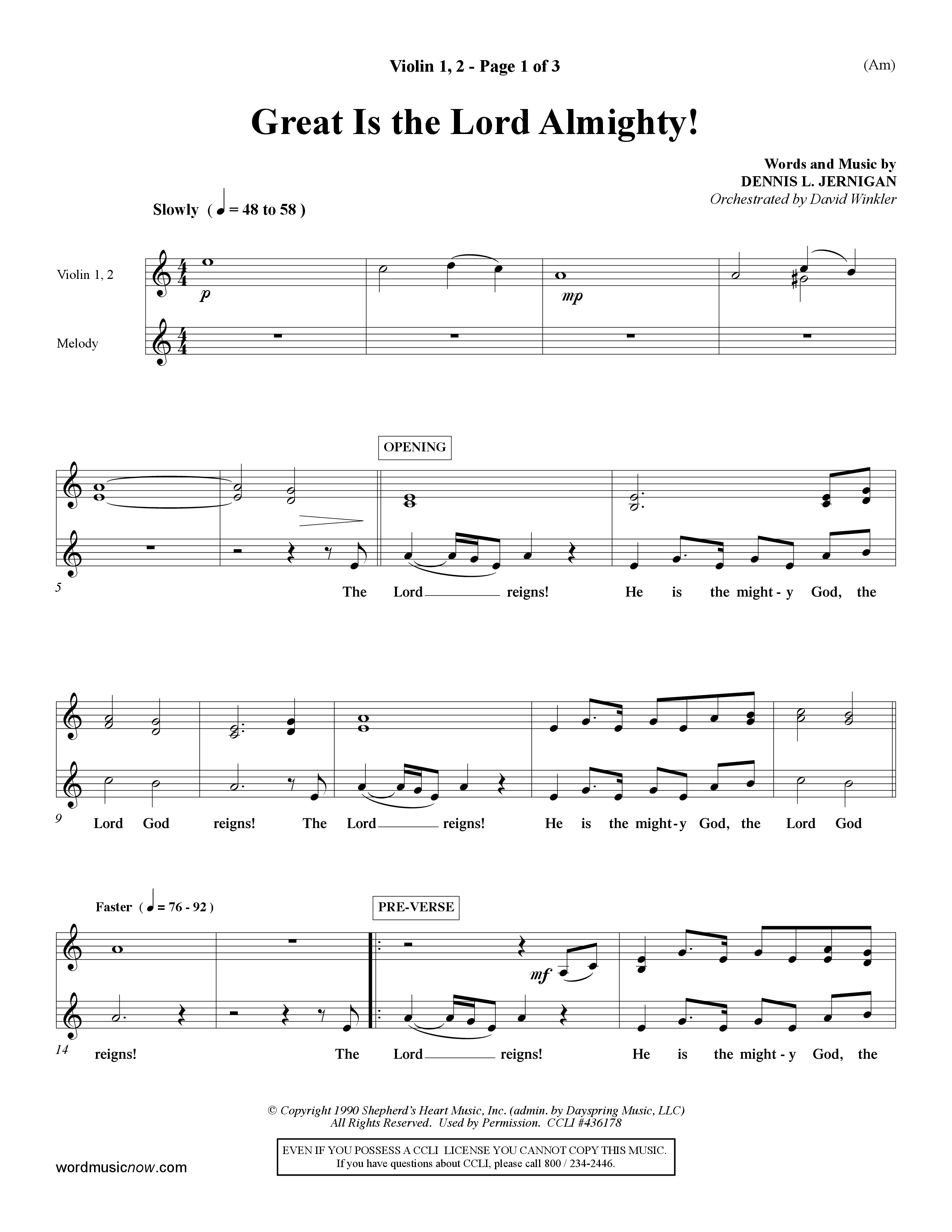 Great Is The Lord Almighty (Choral Anthem SATB) Violin 1/2 (Word Music Choral / Orch. David Winkler)