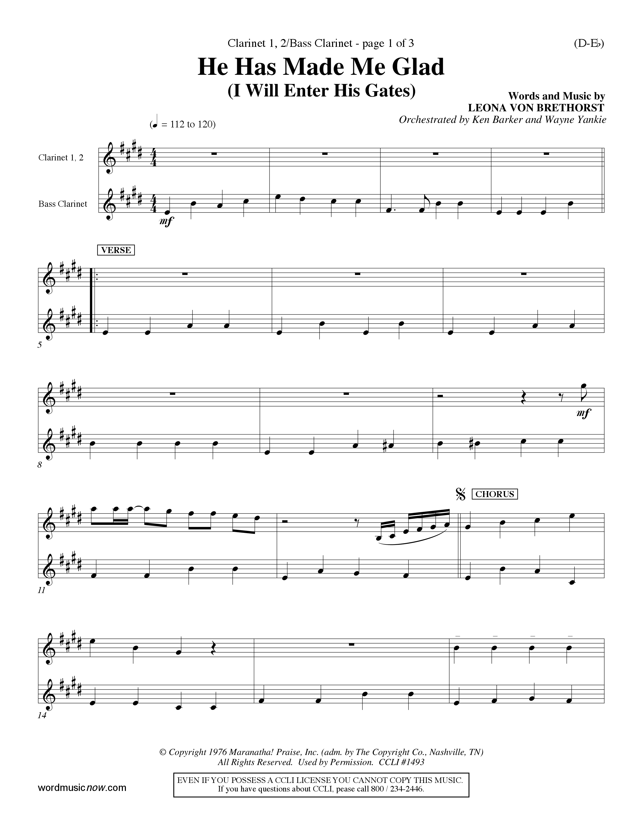 He Has Made Me Glad (Choral Anthem SATB) Clarinet 1/2, Bass Clarinet (Word Music Choral / Orch. Ken Barker / Orch. Wayne Yankie)