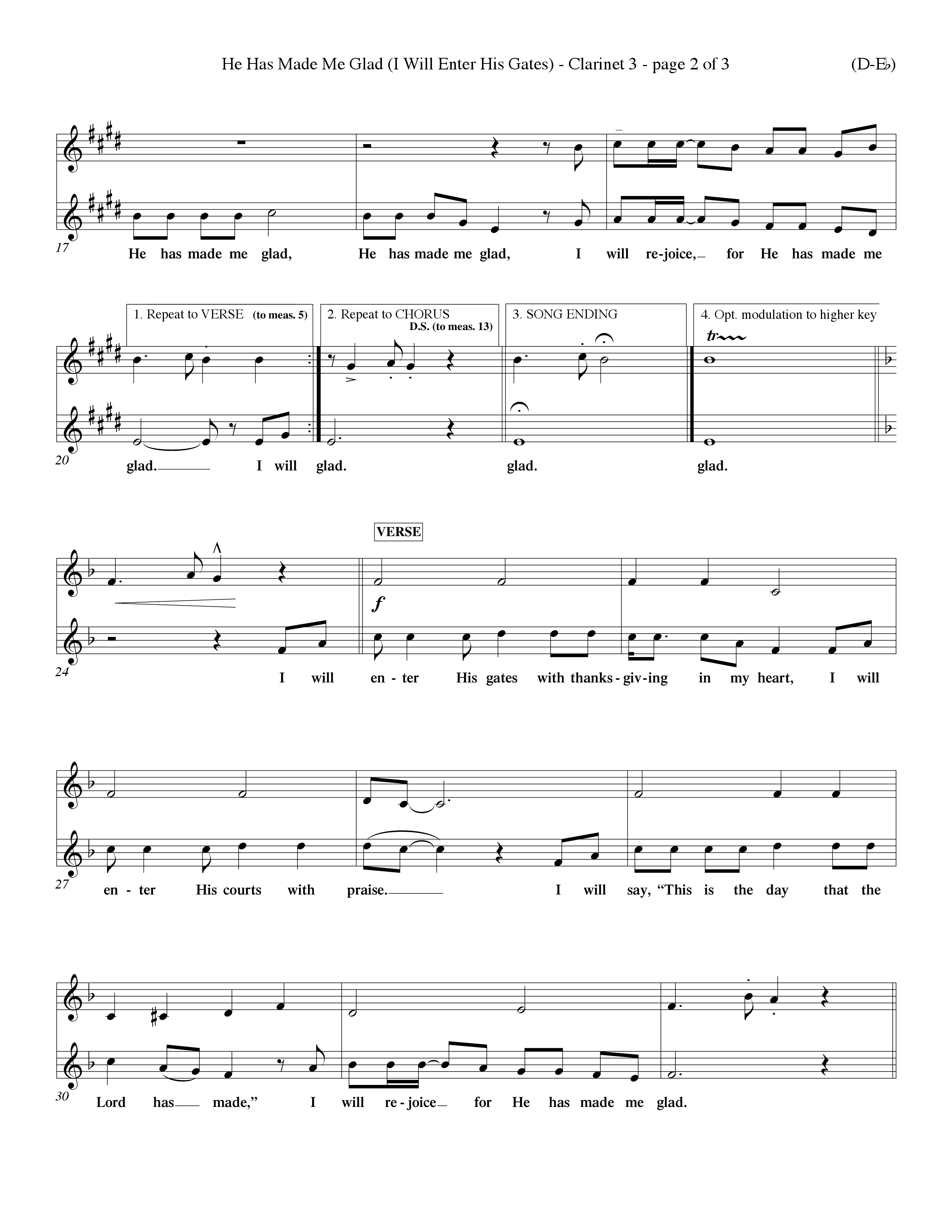 He Has Made Me Glad (Choral Anthem SATB) Clarinet 3 (Word Music Choral / Orch. Ken Barker / Orch. Wayne Yankie)