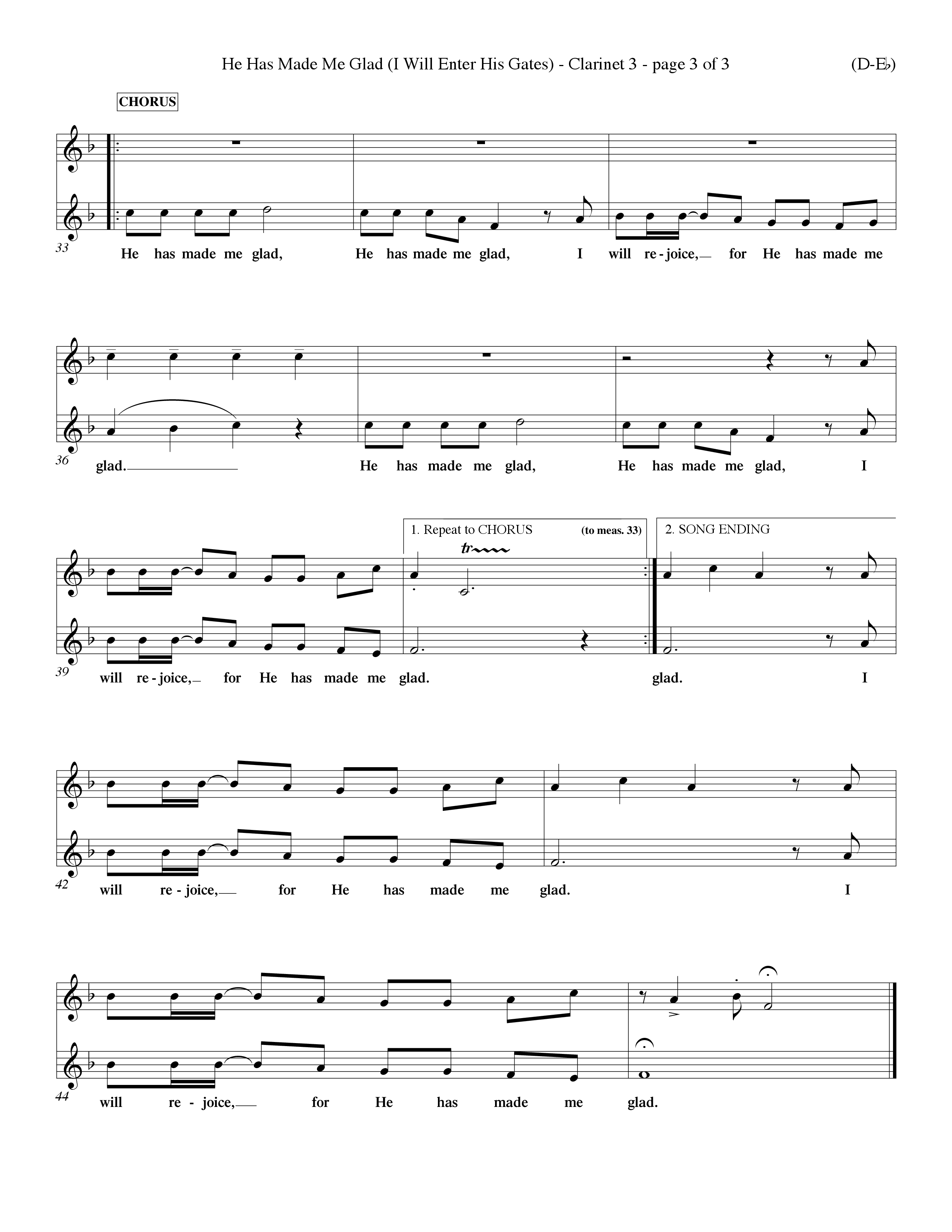 He Has Made Me Glad (Choral Anthem SATB) Clarinet 3 (Word Music Choral / Orch. Ken Barker / Orch. Wayne Yankie)