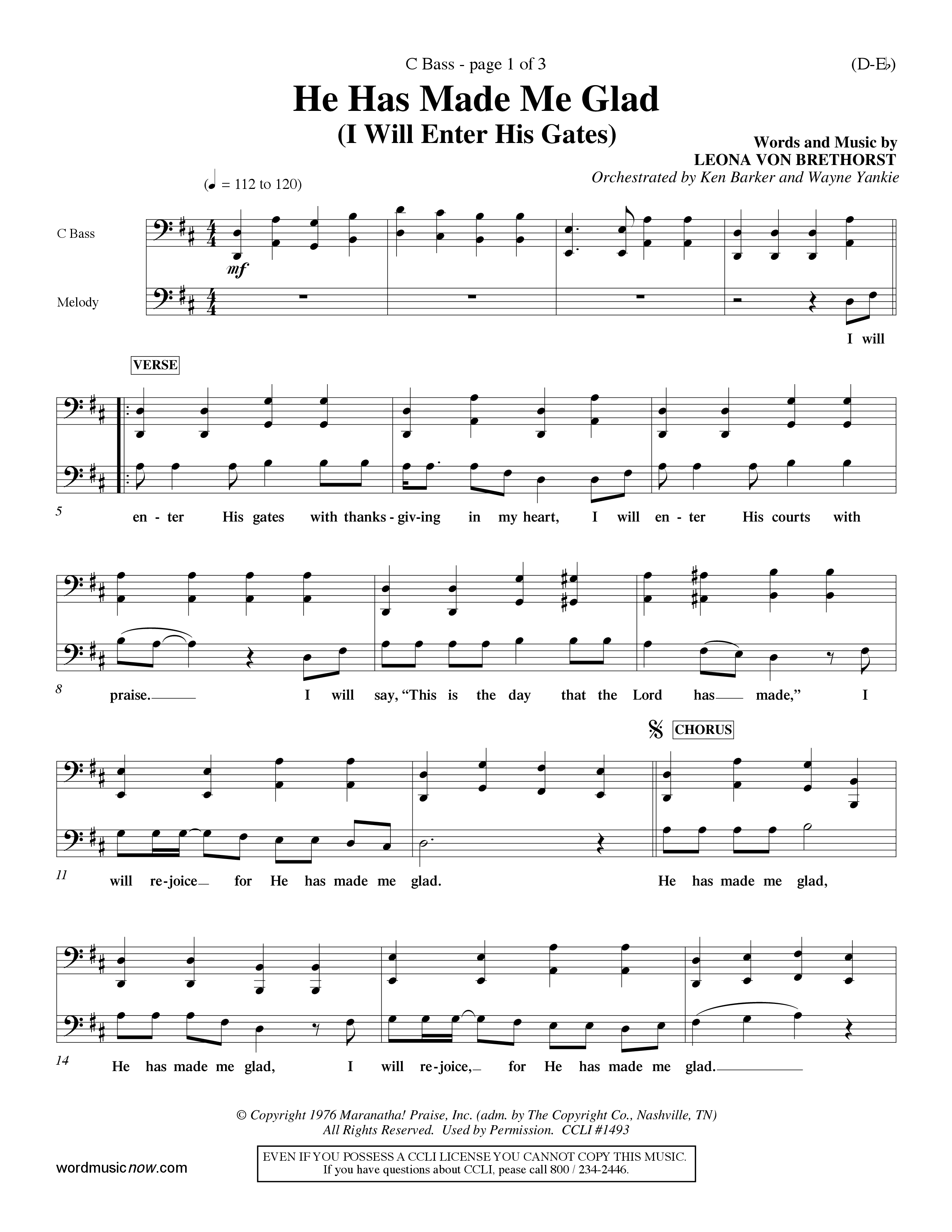 He Has Made Me Glad (Choral Anthem SATB) Contrabass (Word Music Choral / Orch. Ken Barker / Orch. Wayne Yankie)