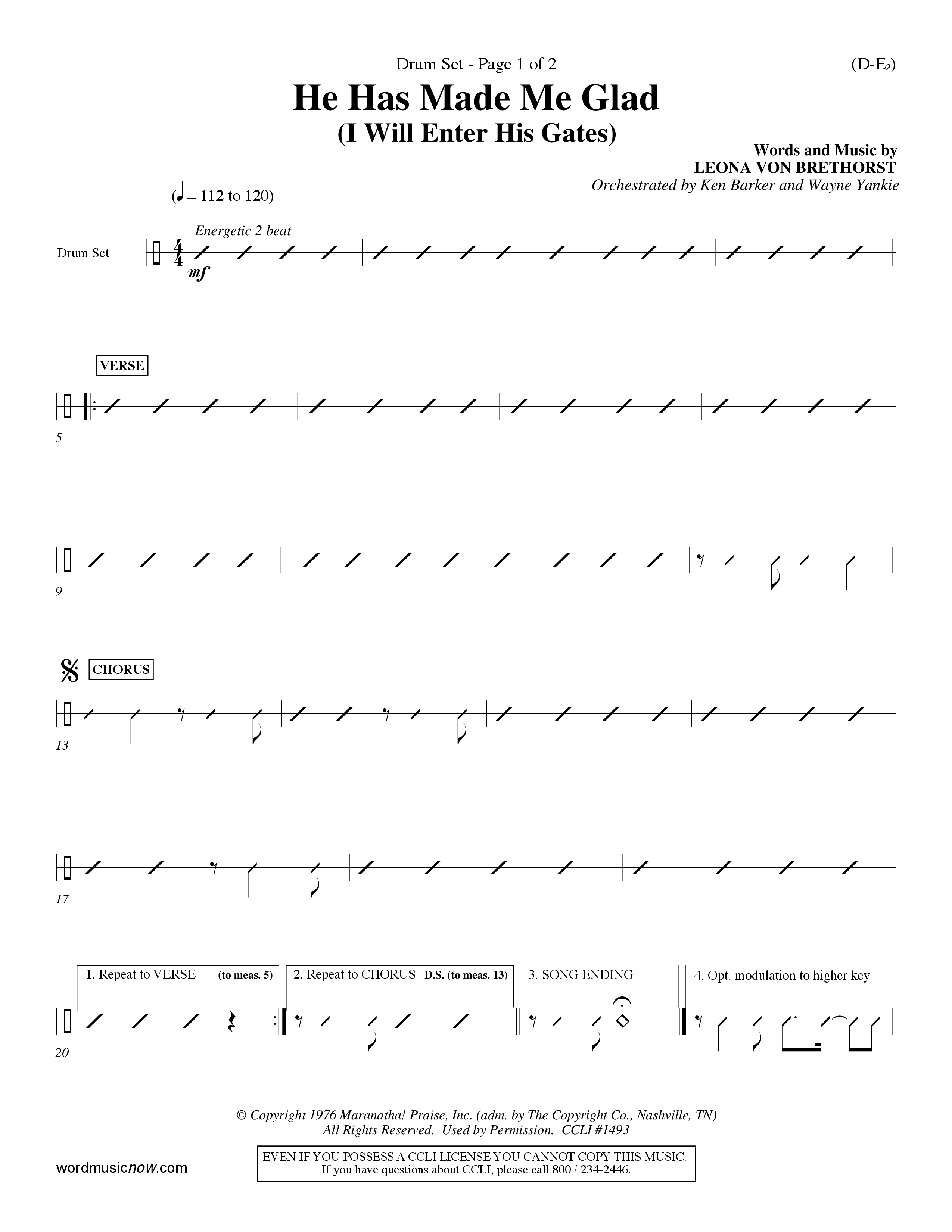 He Has Made Me Glad (Choral Anthem SATB) Drum Set (Word Music Choral / Orch. Ken Barker / Orch. Wayne Yankie)