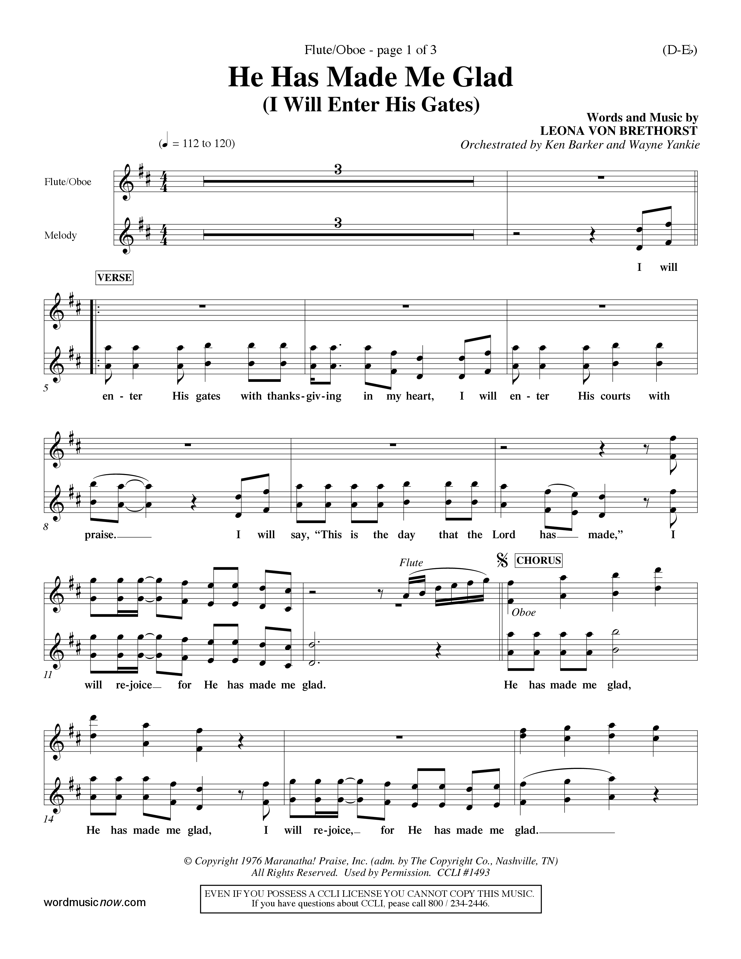 He Has Made Me Glad (Choral Anthem SATB) Flute/Oboe (Word Music Choral / Orch. Ken Barker / Orch. Wayne Yankie)