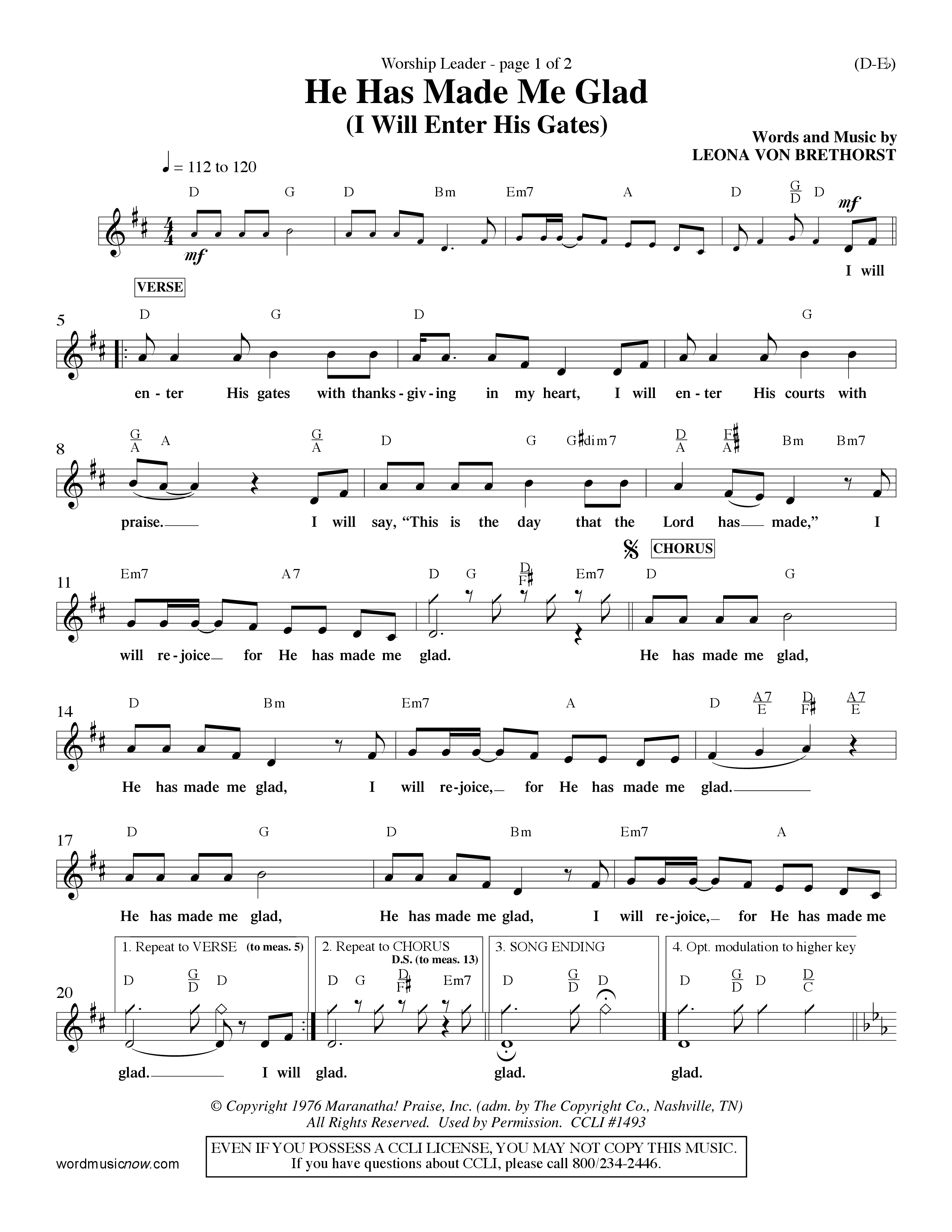 He Has Made Me Glad (Choral Anthem SATB) Lead Sheet (Mel) (Word Music Choral / Orch. Ken Barker / Orch. Wayne Yankie)