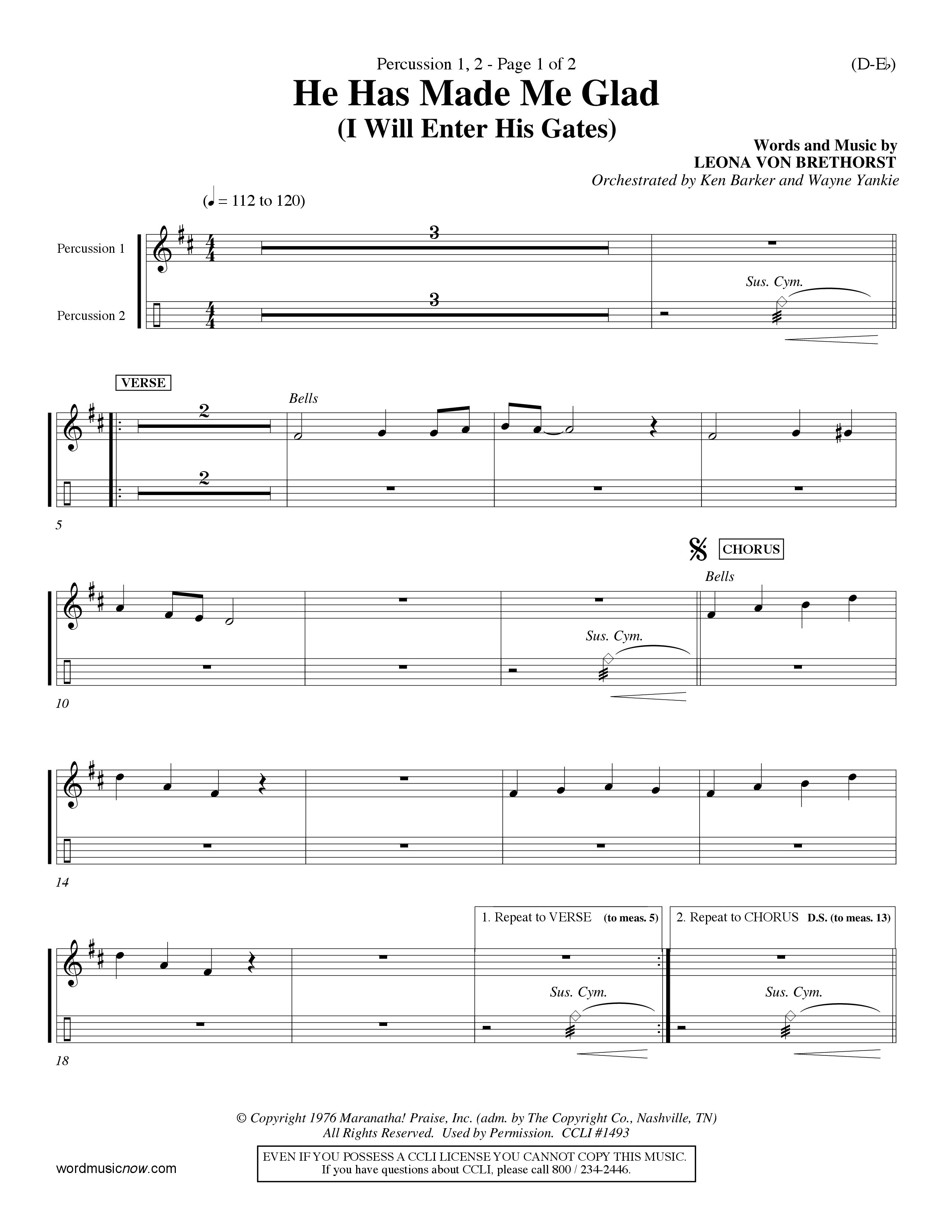 He Has Made Me Glad (Choral Anthem SATB) Percussion 1/2 (Word Music Choral / Orch. Ken Barker / Orch. Wayne Yankie)