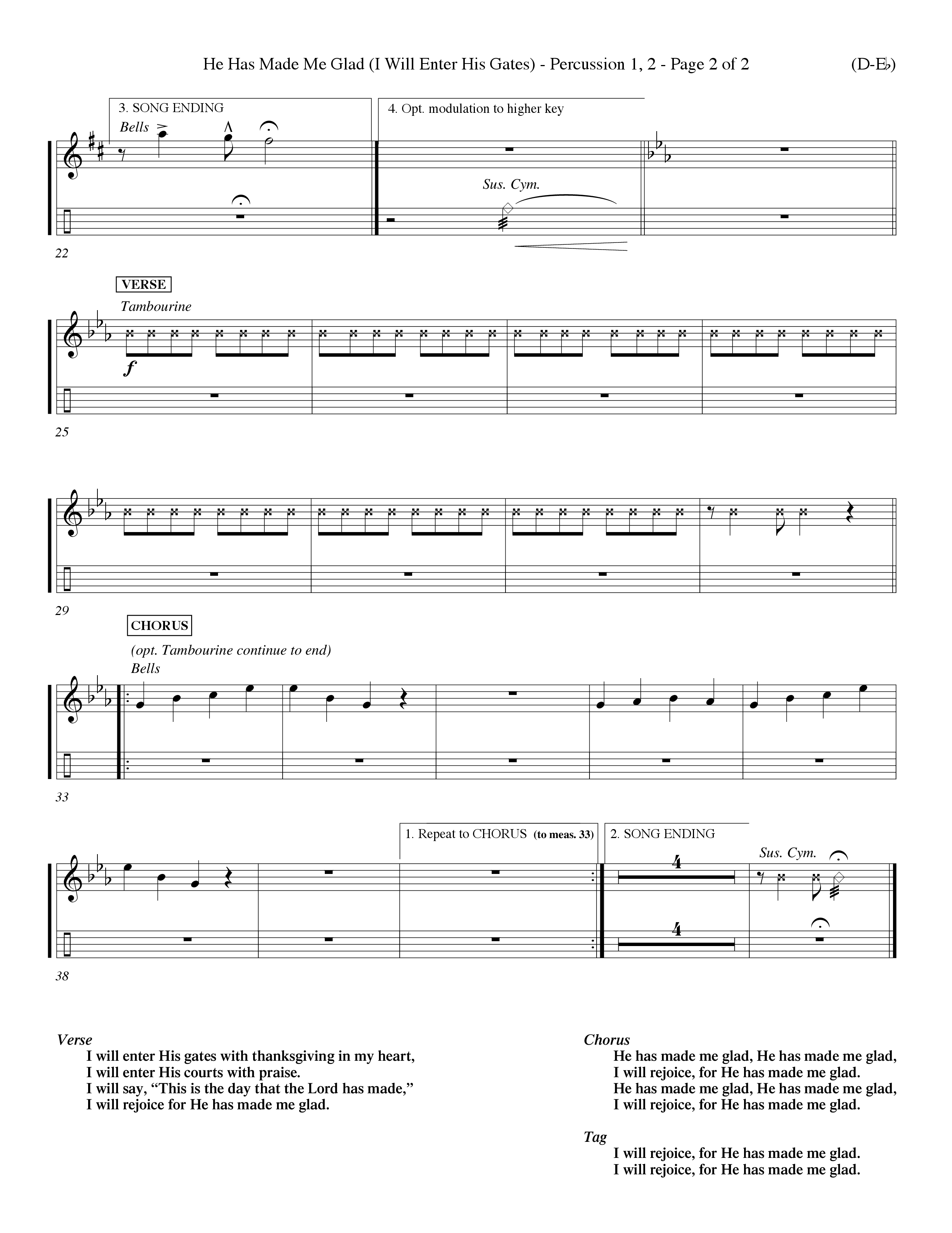 He Has Made Me Glad (Choral Anthem SATB) Percussion 1/2 (Word Music Choral / Orch. Ken Barker / Orch. Wayne Yankie)