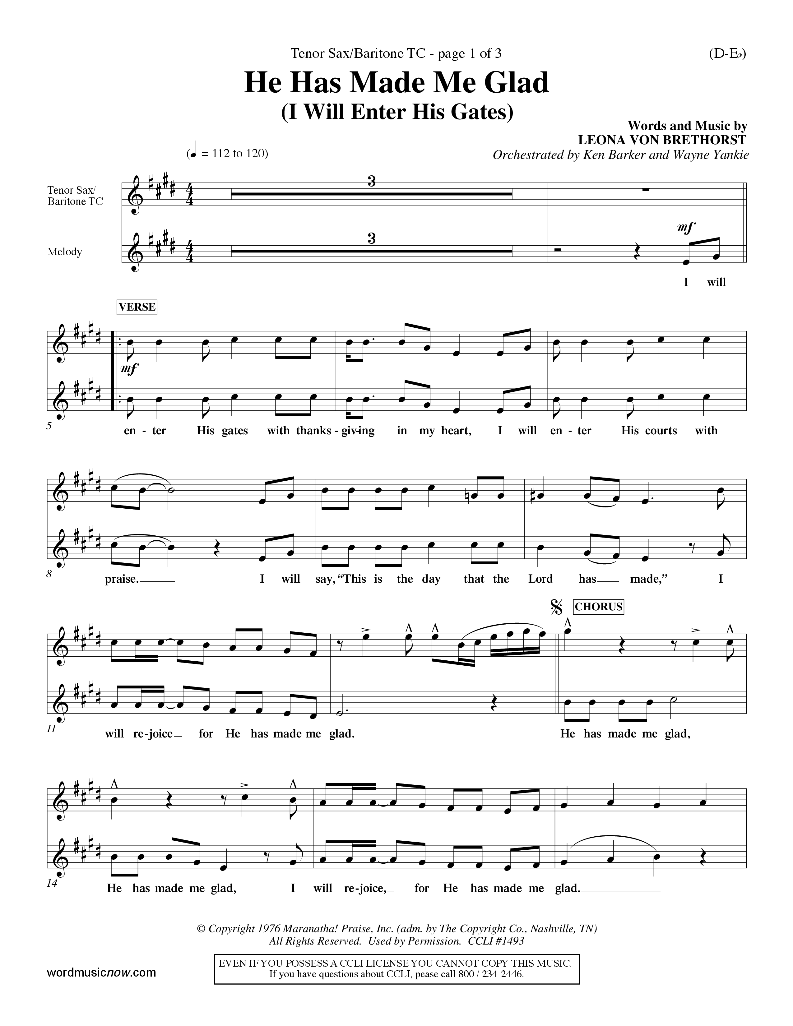 He Has Made Me Glad (Choral Anthem SATB) Tenor Sax/Baritone T.C. (Word Music Choral / Orch. Ken Barker / Orch. Wayne Yankie)